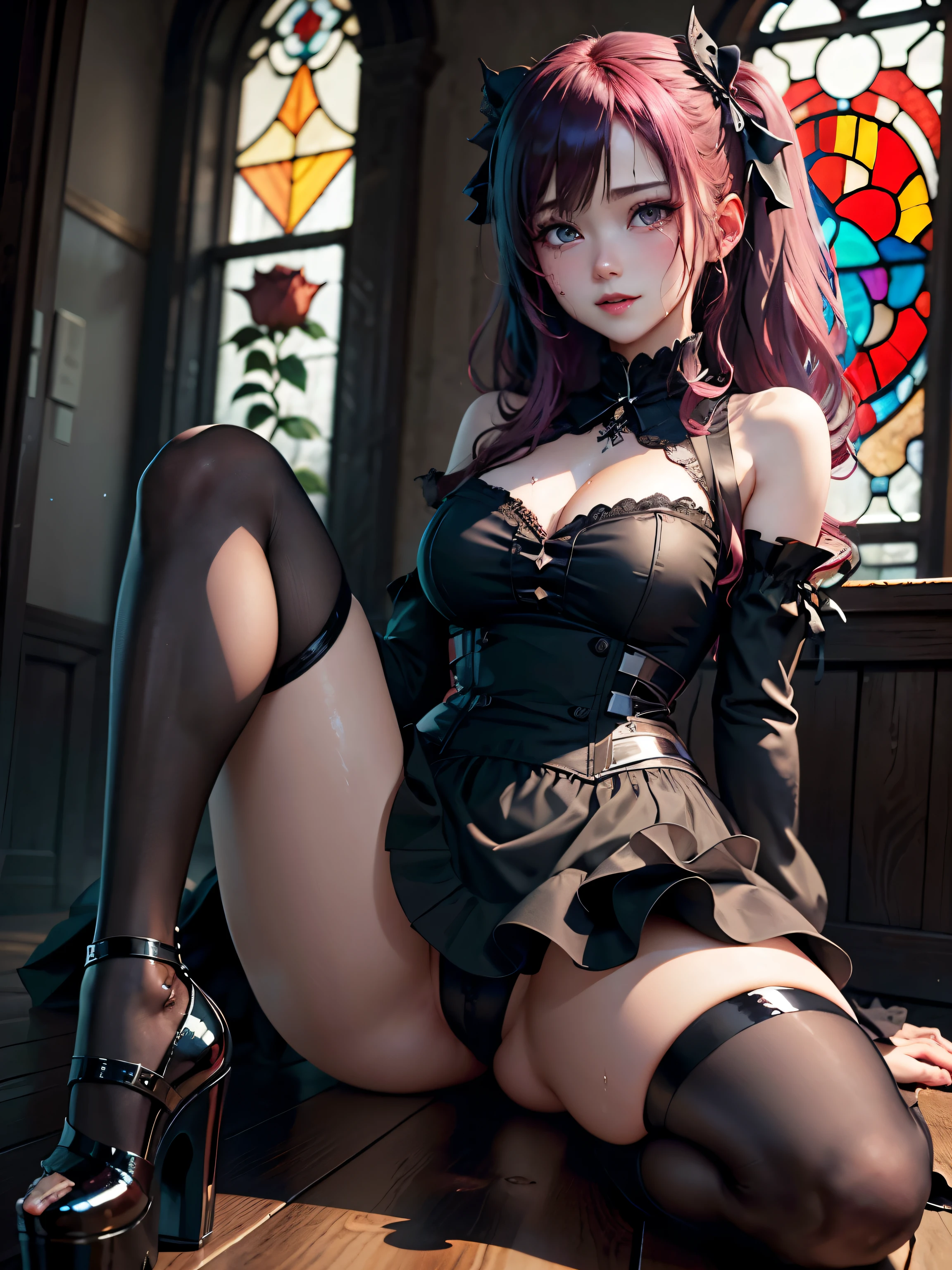 ハードdark gothicメイク、Insanity、deep night sky、horror、black dark eyeshadow、cry、grieve、Good skin glow、dark gothicメイク、dark smile、restless palace、expression of sexual excitement、fragrant beauty、22 years ago、Lie、lure、Expression of intense sexual pleasure、embarrassed look、dark gothic、Gothic ta、bell sleeve、wizard sleeve、lewd expression、Stained glassが背景、pieces fly、highest quality、Browse 5 books、Sweat shines on my chest、Expression of sexual pleasure in suffering、drunk face、Maid outfit mysterious、Noble、A face that is holding back the toilet、flirty gothic clothing、My body is wet and shiny、super sexy、Lots of glitter on the thighs、I'm sweating a lot、loving smile、twin tail hair、my thighs are so wet、jet black ruffle skirt、with shadow、right blue eye, left eye is red、Sit on a gothic bed covered in roses、Super bewitching pose、Gravure photography、knee high socks、thigh high socks、A lot of sweat and stickiness on the thighs、Plenty of plumpness, shiny thighs、Sweat glistens on your thighs, your whole body is sweaty and shiny、glamorous、platform heel shoes、pretty sweaty、My thighs are sweaty、dark makeup、Breast size is modest、black lipstick、重厚感のあるdark gothicロングドレス、bright pink hair、long hair straight hair、Stained glass、black metal world、open your legs loosely、her thighs are quite glamorous、黒いplay the guitar、guitar girl、play the guitar、guitar playing、gothic guitar、