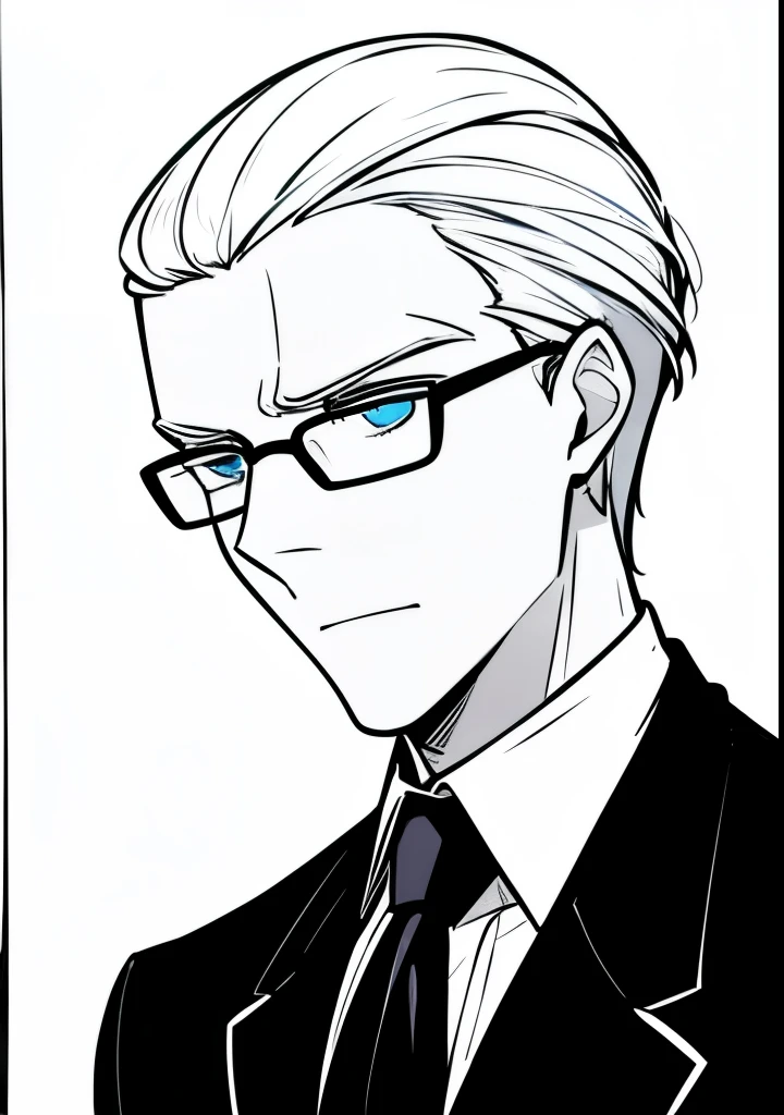 Adult male, white and tender skin, pale blonde slicked back combed short hair, steel blue eyes, green and slightly mature, serious and emotionless facial expression,wearing a black suit jacket, white collar shirt, black tie and suit pants and glasses, portrait style, facing forwards