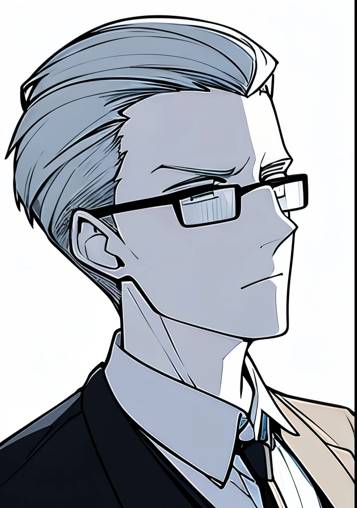Adult male, white and tender skin, pale blonde slicked back combed short hair, steel blue eyes, green and slightly mature, serious and emotionless facial expression,wearing a black suit jacket, white collar shirt, black tie and suit pants and glasses, portrait style, facing forwards