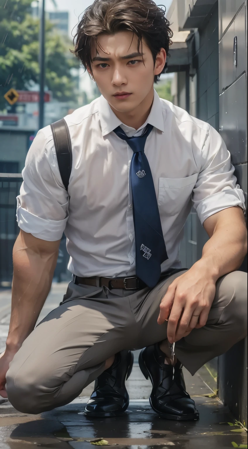 Super Realistic photography, Transparent see through white shirt, 17 yeas old boy,(ung boy),A high resolution, Sharp focuasterpiece, ((Complicated details)), highly detailed, natsuki_subaru,Multi-view upper body,Suit pants view, 1 man,is shy,Pee on the legs,pissing,Urine runs down the thighs,embarressed,exhilarated,is shocked,panicking,worry,A small puddle of their own urine forms around the feet,full bodyesbian,kneels on the ground,Very eager to pee,It's uncomfortable,Wet yourself,Urine discharge, Sweaty crotch,Drenched,rain,The shirt is soaked,(A gesture of pleading),blue color eyes(eyes glowing), Short gray hair,white shirt,Wear a tie,Wear a belt,Black suit trousers,perspire,look from down