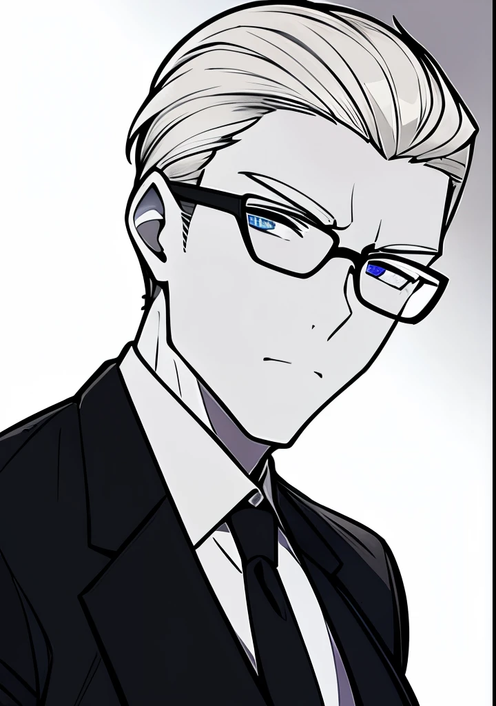 Adult male, white and tender skin, pale blonde slicked back combed short hair, steel blue eyes, green and slightly mature, serious and emotionless facial expression,wearing a black suit jacket, white collar shirt, black tie and suit pants and glasses, portrait style, facing forwards