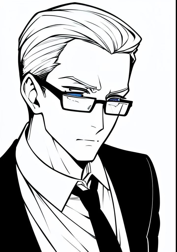 Adult male, white and tender skin, pale blonde slicked back combed short hair, steel blue eyes, green and slightly mature, serious and emotionless facial expression,wearing a black suit jacket, white collar shirt, black tie and suit pants and glasses, portrait style,  facing forwards