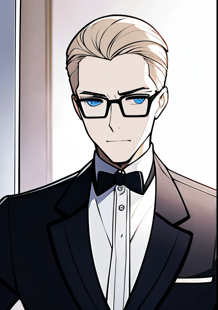 Adult male, white and tender skin, pale blonde slicked back combed short hair, steel blue eyes, green and slightly mature, serious and emotionless facial expression,wearing a black suit jacket, white collar shirt, black tie and suit pants and glasses, portrait style, facing forwards