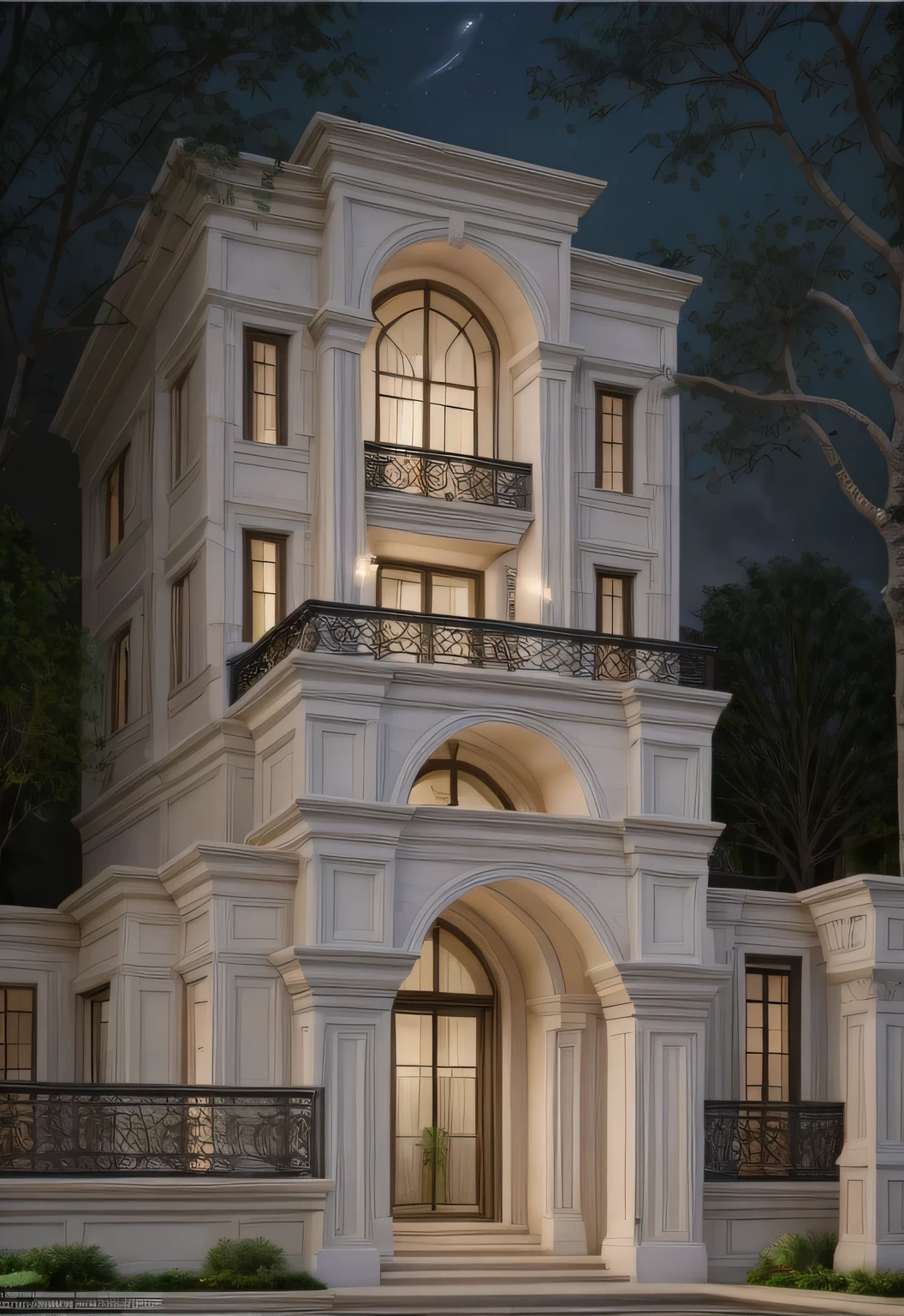 Ultra-realistic 8k, hd image quality, sharp detail, 2-story classic house, main materials: white walls, wooden ceiling accents, large glass windows, roads, cars, sidewalks, American Palm trees high, has a small alley, located in a residential area, modern style, shimmering sky, sunset light, feels peaceful, beautiful, close and warm, ((Warm light from indoor:1.3)), (daylight:1.2), perfect lighting,dynamic light,2 large glass doors,((1 large glass window:1.3)), (night light), (colorful flowers in front of the house)