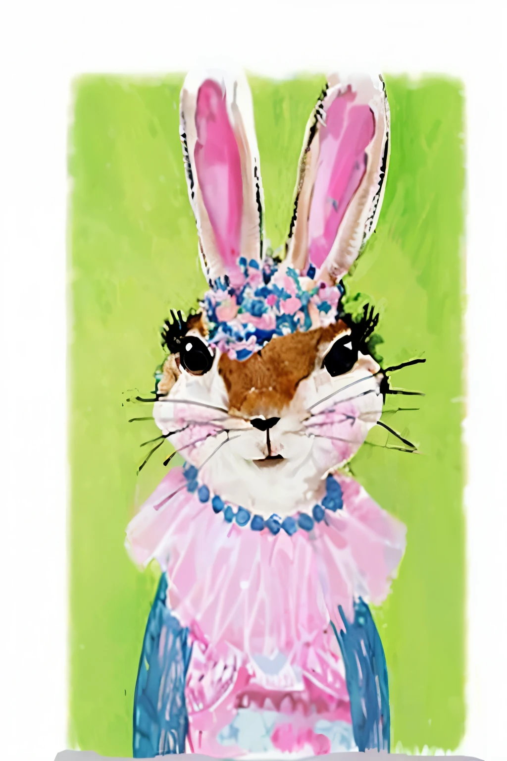Drawing of a rabbit wearing a pink dress and blue collar, bunny girl, bunny punk, Anthropomorphic Rabbit, Beautiful animal pearl queen, whimsical art, by Daphne Allen, Rabbit has pink fur, by Suzy Rice, by Nancy Graves, 可爱的Anthropomorphic Rabbit, by Helen Berman, rabbit suit, Rabbit has pink fur, rabbit face only