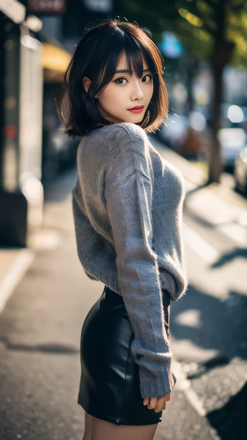 A woman in a short skirt and sweater standing on a street - SeaArt AI