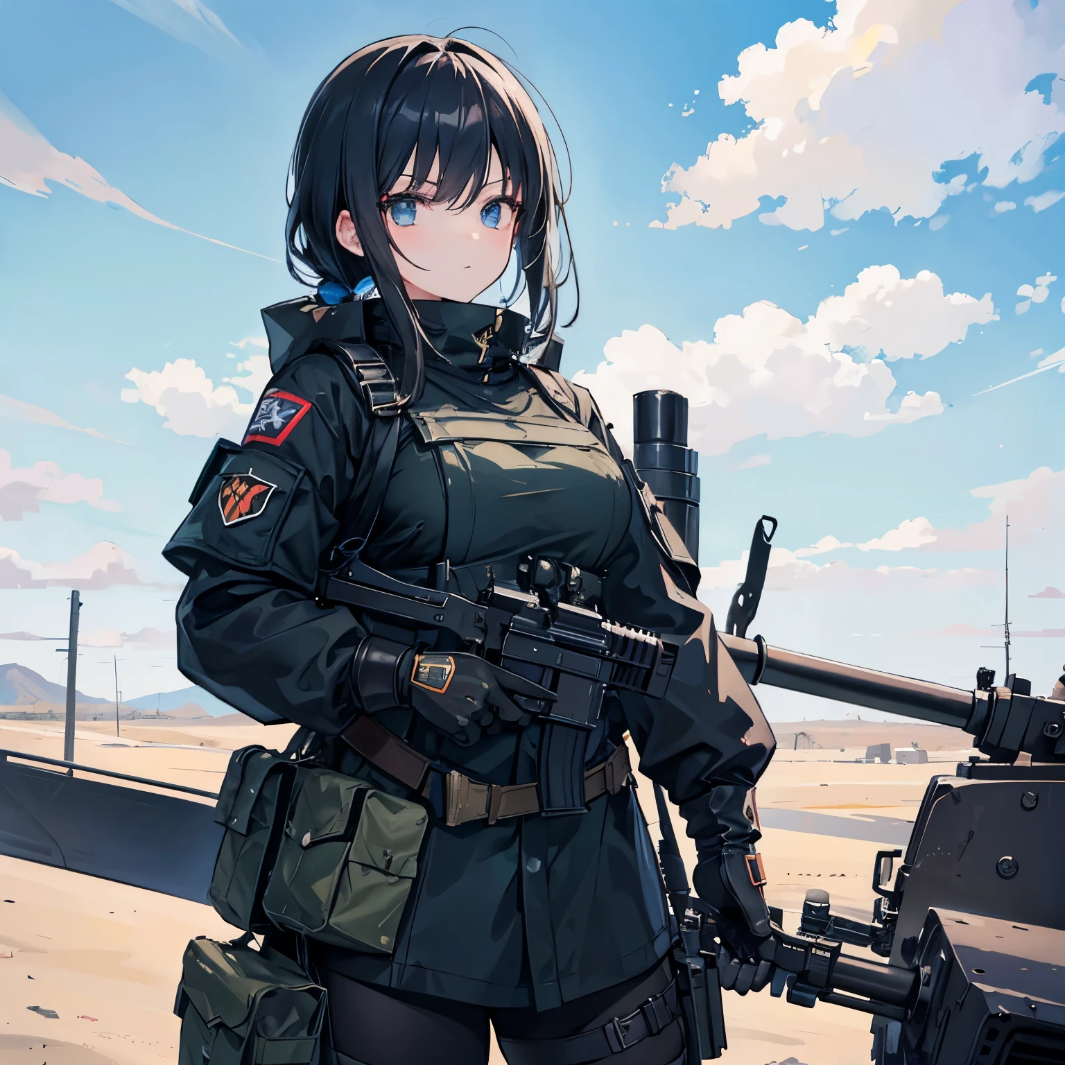 Masterpiece, top quality, highly detailed, illustration, Anime, battle tank, 1 girl, cold eyes, looking at the viewer, leaning on the tank, holding a gun, slight perspective from below, black military outfit equipped with anal bullets, war zone boundary net, outdoors, in the desert, military barracks, soldier, daylight, rifle, cowboy shot, blood, barrel, road crossing, grenade, electric pole, black hair, blue sky, blue sky, cloud.
