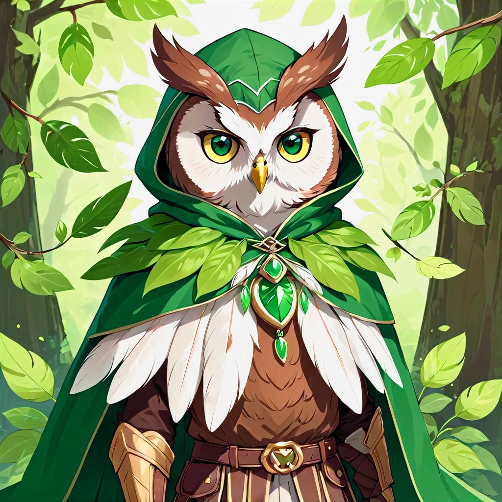 owl person with white and brown feathers and a green leaf hood and cape in Barthel Bruyn art style
