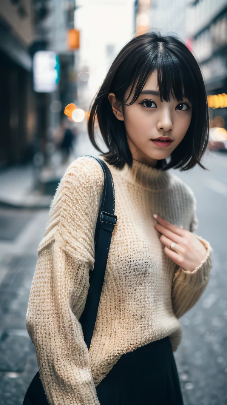 (8K, Raw photo, highest quality, masterpiece:1.2), (realistic, photo-realistic:1.4), (extremely detailed 8K wallpaper),sharp focus, Depth of the bounds written,blur background, Bokeh,professional lighting, cinematic lighting,full body,thin,japanese girl,20 year old girl,dynamic pose,street,bob cut,wet hair,black hair,sweater,skirt,Hilarious,