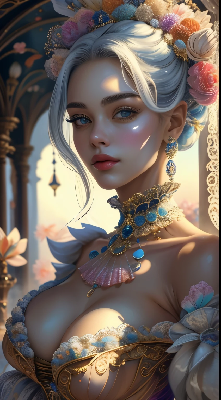 （tmasterpiece，top-quality，best qualityer，realistic, offcial art，Beauty and aesthetics：1.2），（（Zooey）），The is very detailed，（s fractal art：1.1），（a color：1.1）（blossoms：1.3），highest details，（zentangle：1.2），（dynamicposes），（abstract backgrounds：1.3），（many color：1.4），cleavage，（Rococo），elaborate dresse，（feater：1.5）