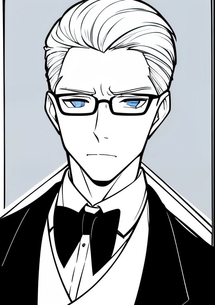 Adult male, white and tender skin, pale blonde slicked back combed short hair, steel blue eyes, green and slightly mature, serious and emotionless facial expression,wearing a black suit jacket, white collar shirt, black tie and suit pants and glasses, portrait style, facing forwards