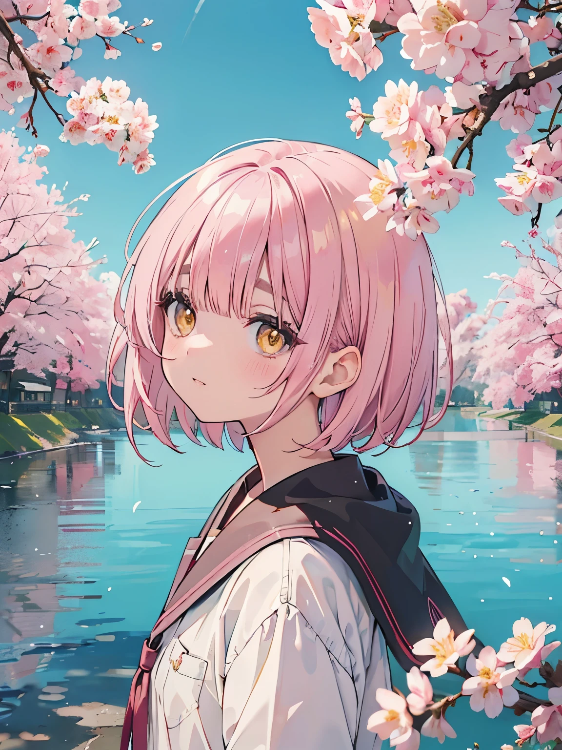 Cherry tree、、highest quality, 20 year old female,Shadow, yellow eyes、 pink gold short bob、bangs above the eyebrows、short bangs、,Upper body,random reflections,natural skin texture,Face looking up,drooping corners of the eyes,soft light,sharp,