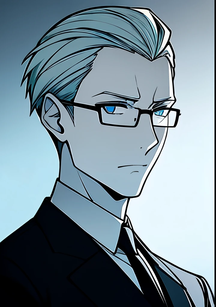 Adult male, white and tender skin, pale blonde slicked back combed short hair, steel blue eyes, green and slightly mature, serious and emotionless facial expression,wearing a black suit jacket, white collar shirt, black tie and suit pants and glasses, portrait style, facing forwards