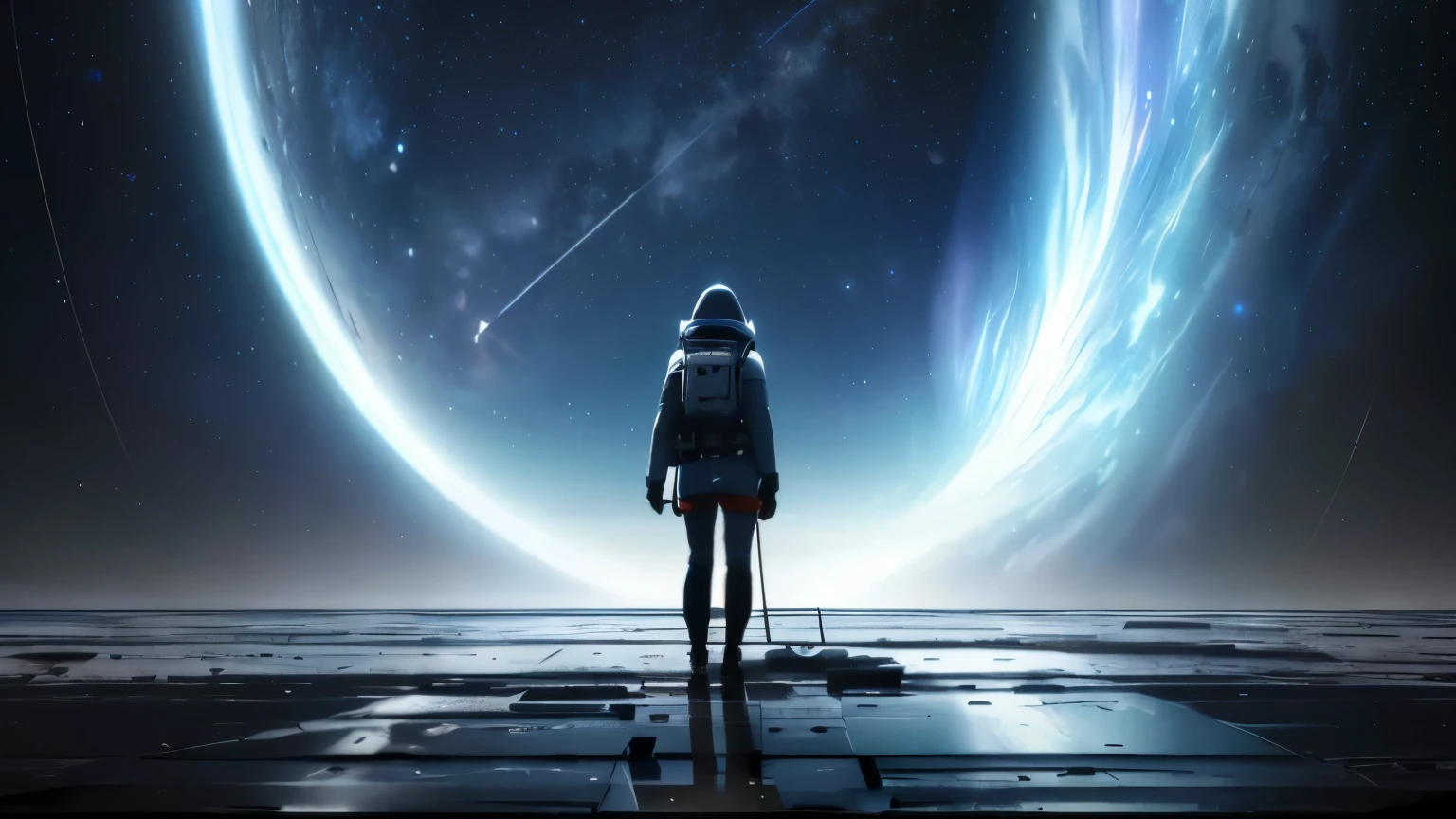 There is a person standing on a platform and looking at the stars., looking at the universe, inspired Written by Jessica Rossier, astronaut, astronaut standing looking, astronaut lost in liminal space, Standing in outer space, Lost in the vast universe, Jessica Rossier's fantasy art, Written by Jessica Rossier, 見つめて立っているastronaut, Space Science Fiction, of space travel