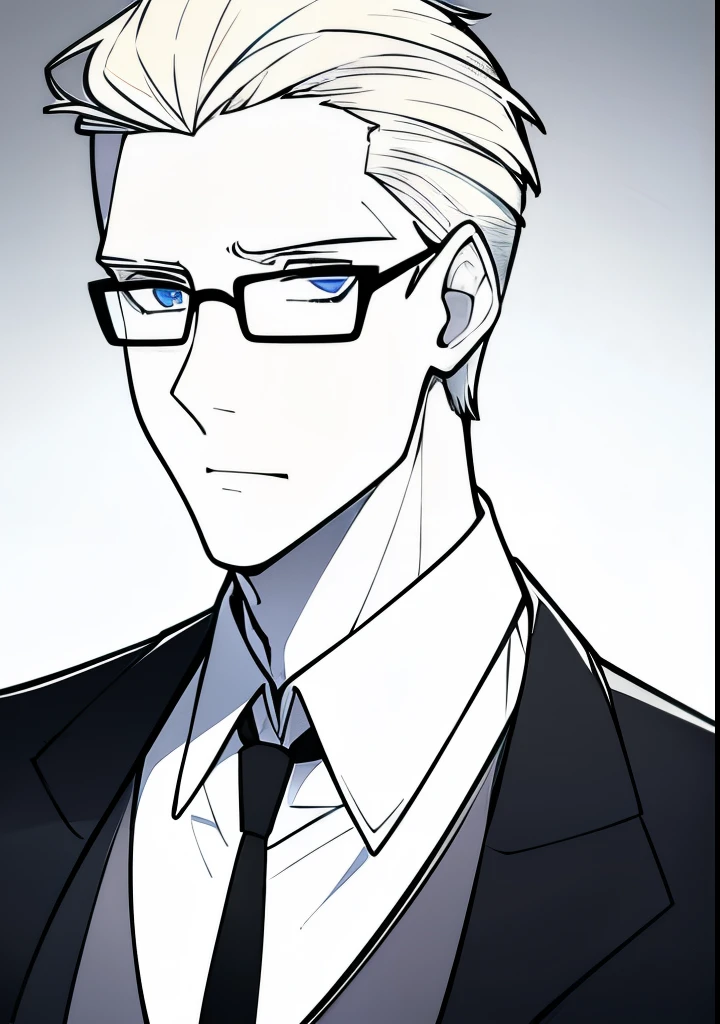 Adult male, white and tender skin, pale blonde slicked back combed short hair, steel blue eyes, green and slightly mature, serious and emotionless facial expression,wearing a black suit jacket, white collar shirt, black tie and suit pants and glasses, portrait style,  facing forwards