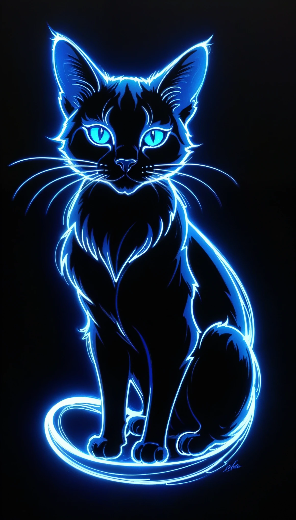 Sketching with a silver pen, On a dark background, blue electric charges form a stylized silhouette of a electric cat, bioluminescence,Aaron Hawkey and Alexis Bricklot and Mucha styles, super detailed,