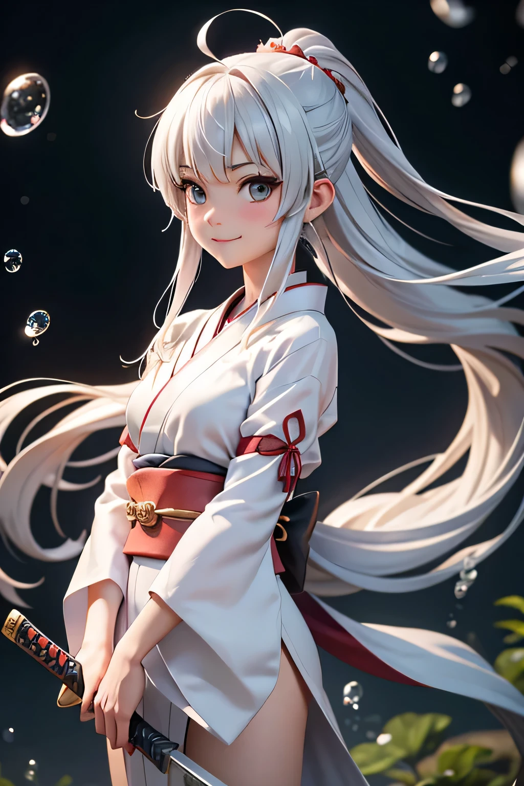 sword, arms, Keep sword, japanese clothes, Samurai sword, 1 girl, long hair, alone, Keep arms, Keep, silver hair, vague, white kimono, flashing, Chest, very long hair, looking at the audience, sheath, water droplets, shrine girl, short sleeves, Keep your mouth shut, depth of field, Bangs, kimono, vague foreground, vague background, Smile, unsheathed, bubble, Apart from, wide sleeves