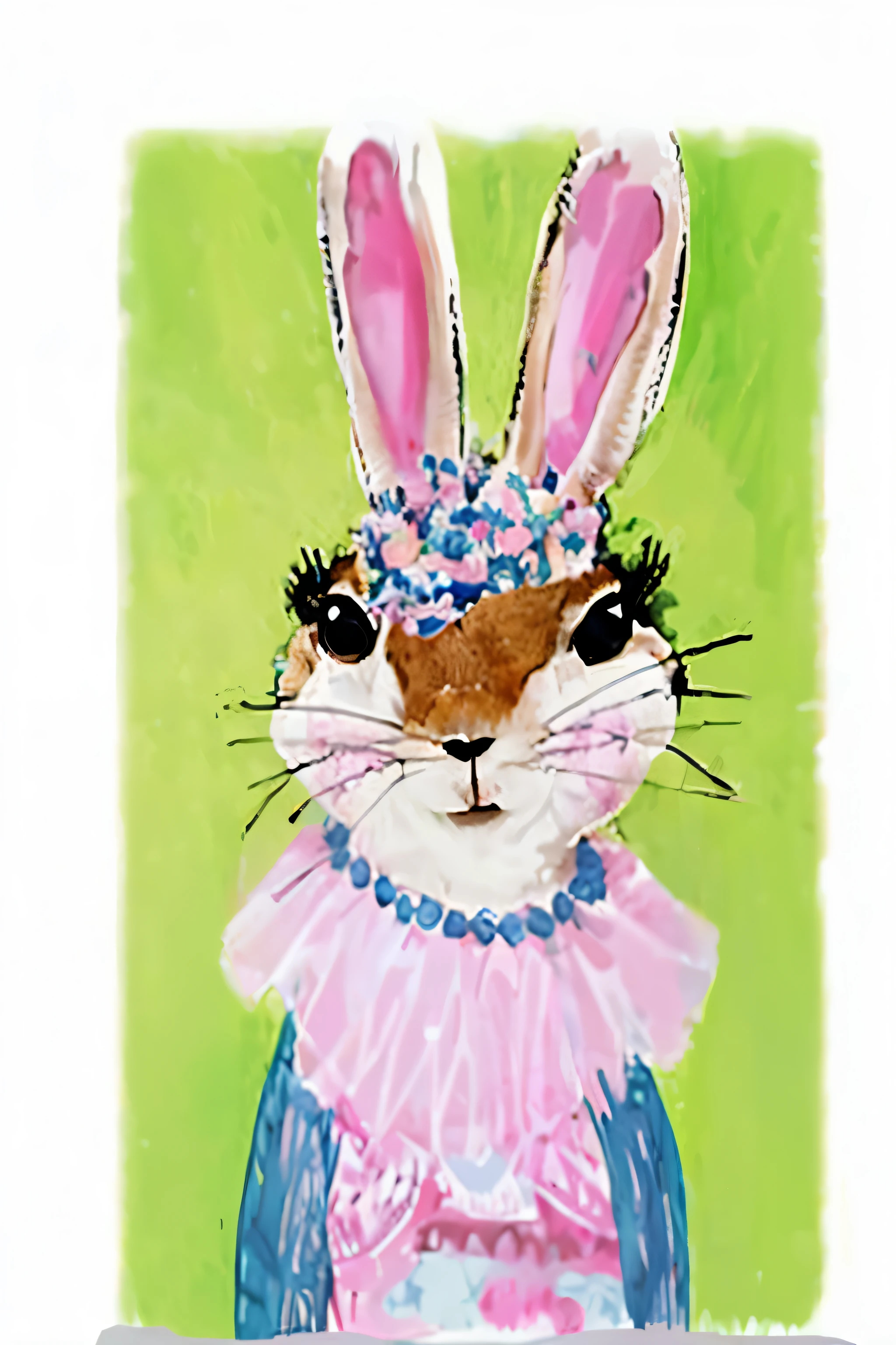 Drawing of a rabbit wearing a pink dress and blue collar, bunny girl, bunny punk, Anthropomorphic Rabbit, Beautiful animal pearl queen, whimsical art, by Daphne Allen, Rabbit has pink fur, by Suzy Rice, by Nancy Graves, 可爱的Anthropomorphic Rabbit, by Helen Berman, rabbit suit, Rabbit has pink fur, rabbit face only