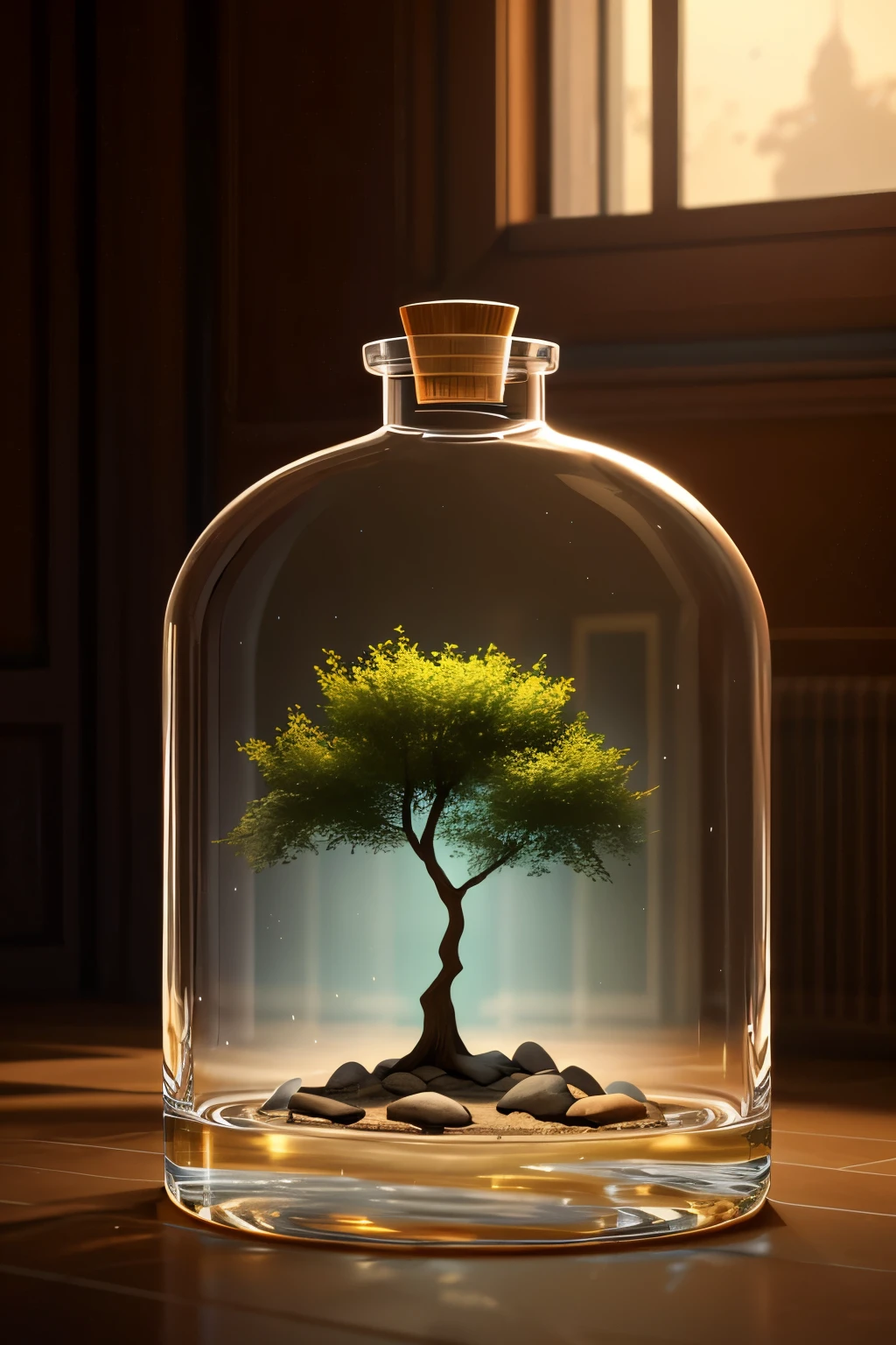 dreamlikeArt tree in a bottle, fluffy, actual, photo, Canon, dreamlike, Art, Chonghui leaves and branches,There are flowers on the head. hyperdetailed photorealism by greg rutkowski - h 1024 w 804 | f 1 6 lens mark 2:2 seconds 3555mm film grain :1 Realistic high resolution clear focus contrast!! intricate detailed atmospheric light refraction lighting unreal engine 5 cinematic concept photography masterpiece octane render trending at cgsociety rendered as