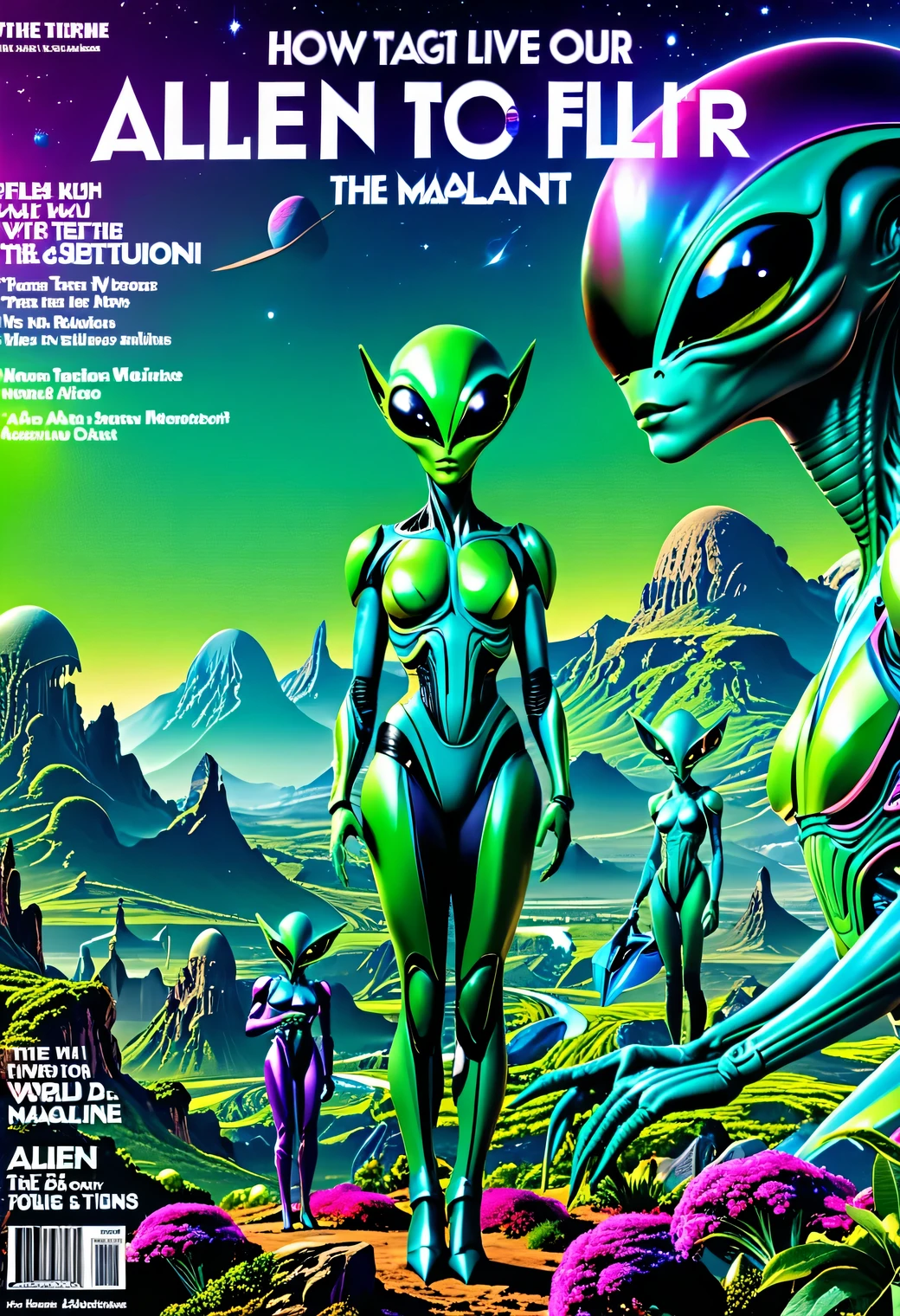 Luxury magazine cover design, cinematic frame, the Text of the title "stranger", the Text of the subtitle "fantasy world", 2 красивые иноплаNoянки в фантастических иноплаNoных нарядах позируют на обложке на фоне иноплаNoного пейзажа с нереальными видами, magazine headings and subheadings, the Text of the article "как жить на нашей плаNoе", the Text of the article "our flora", Text "No. 5", Text "03/19/2024", full imitation of a magazine cover, magazine issue, magazine issue date, Circulation, clear Text, focus on headlines, focus on the center of the image, very detailed, big budget Hollywood film, fabulous, granularity. Glossy magazine