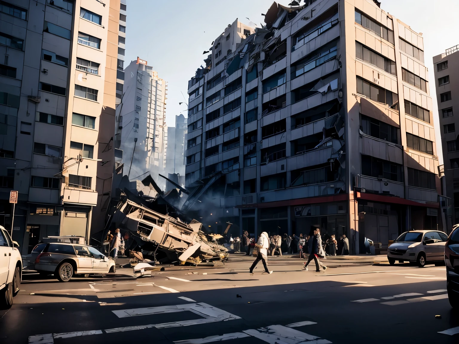 Ruins after a nuclear explosion, broken and collapsed buildings, wasteland style, crowds in shabby clothes, background paste, HD, 8K, realism, dark yellow light