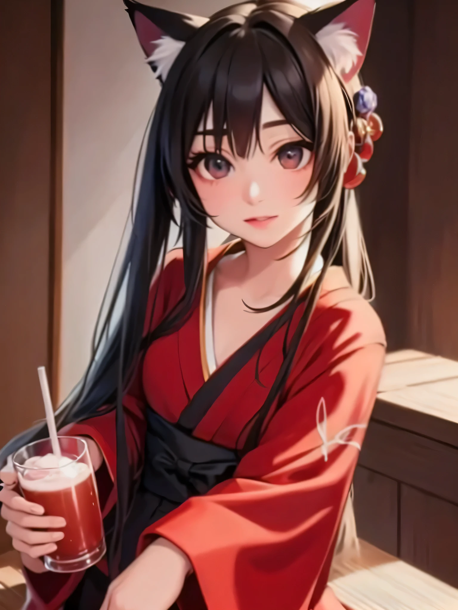 Anime girl in a red kimono with cat ears and a drink, beautiful anime cat girl, anime girl with cat ears, realistic anime art style, Realistic anime 3D style, beautiful anime portrait, anime waifu, Drawn at Anime Painter Studio, anime realism style, anime style portrait, digital anime illustration, anime style 4k, anime girl portrait