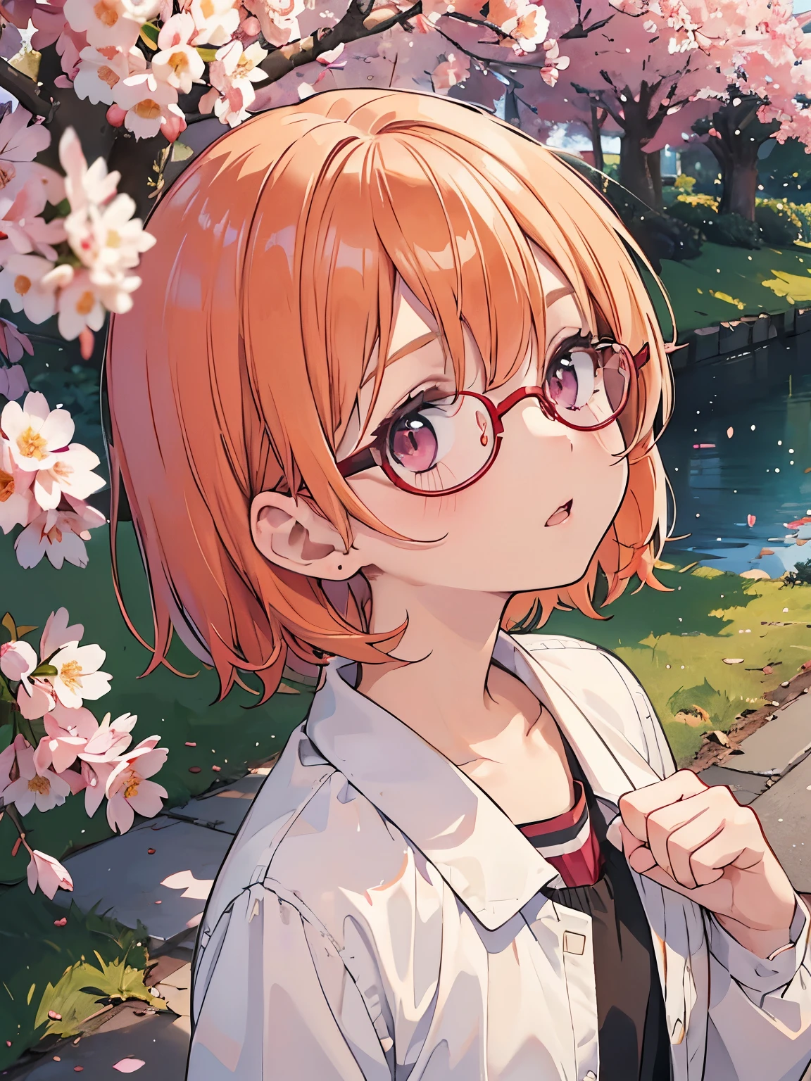 Cherry tree、、highest quality, 20 year old female,Shadow, red-purple eyes、 short hairstyle、straight short、orange hair、cute girl、wearing glasses、,Upper body,random reflections,natural skin texture,Face looking up,drooping corners of the eyes,soft light,sharp,