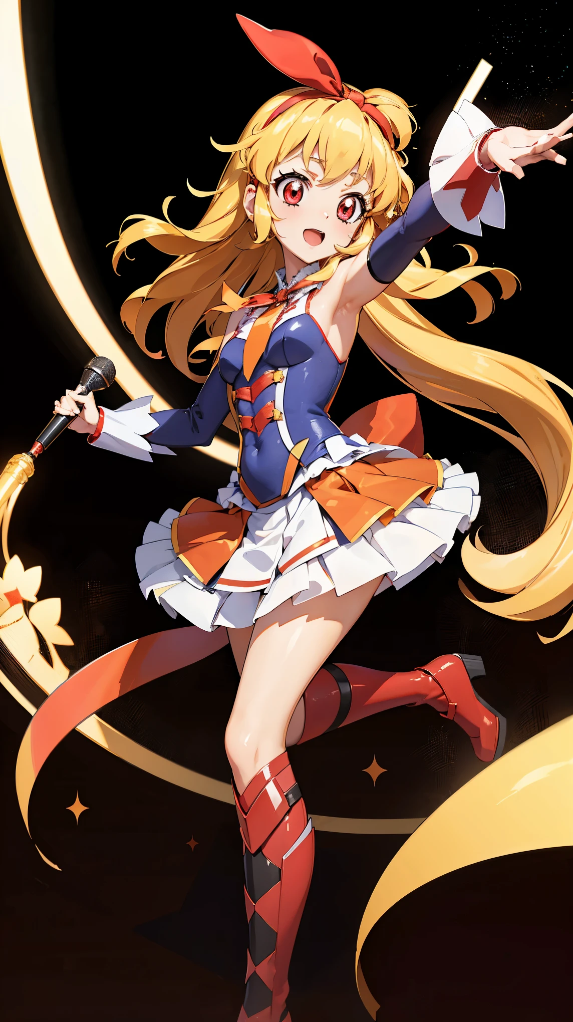 (RED Ribbon on HAIRband:1.2),aikatsu,1 girls,in senki zesshou symphogear style , Blonde long hair,black and RED battle suit,BREAK,ultra-definition, high resolution, ultra-detail CG,caustics, Live stage, in front of super large vision, singing, stand microphone ,