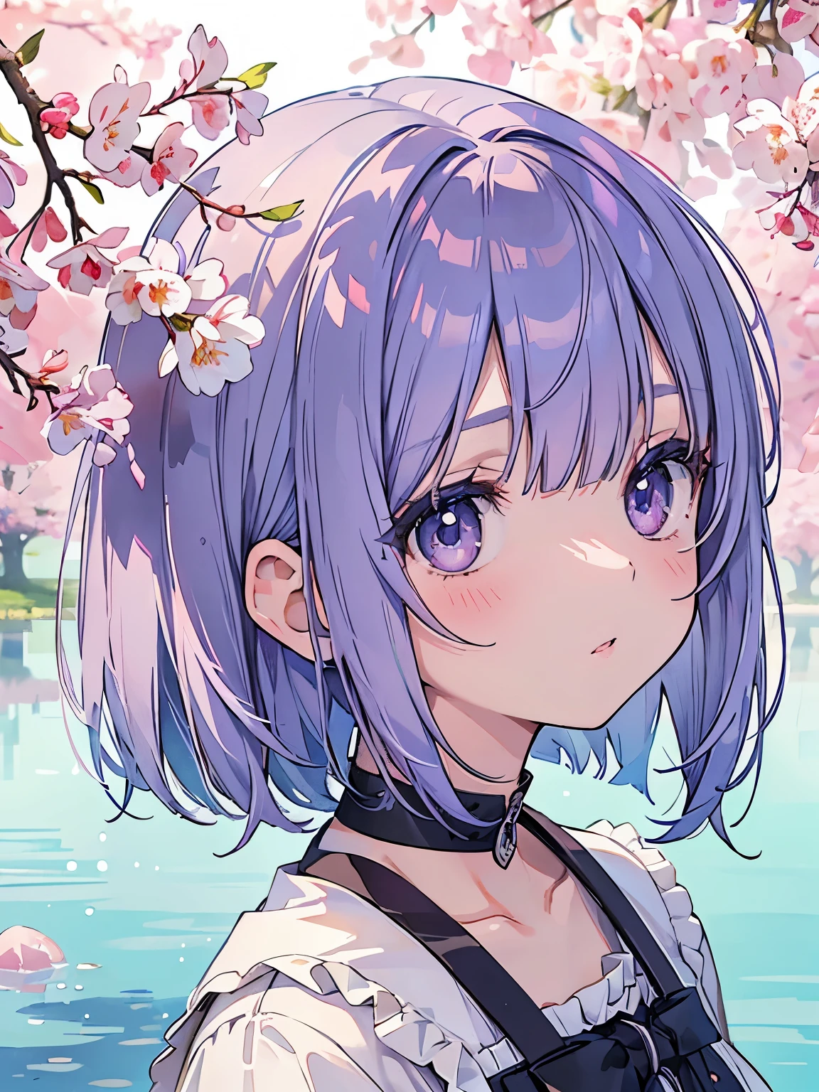 Cherry tree、、highest quality, 20 year old female,Shadow, purple eyes、bangs、arrange bangs、short bob、silver blue color hair、Crisp eyes、,Upper body,random reflections,natural skin texture,Face looking up,drooping corners of the eyes,soft light,sharp,