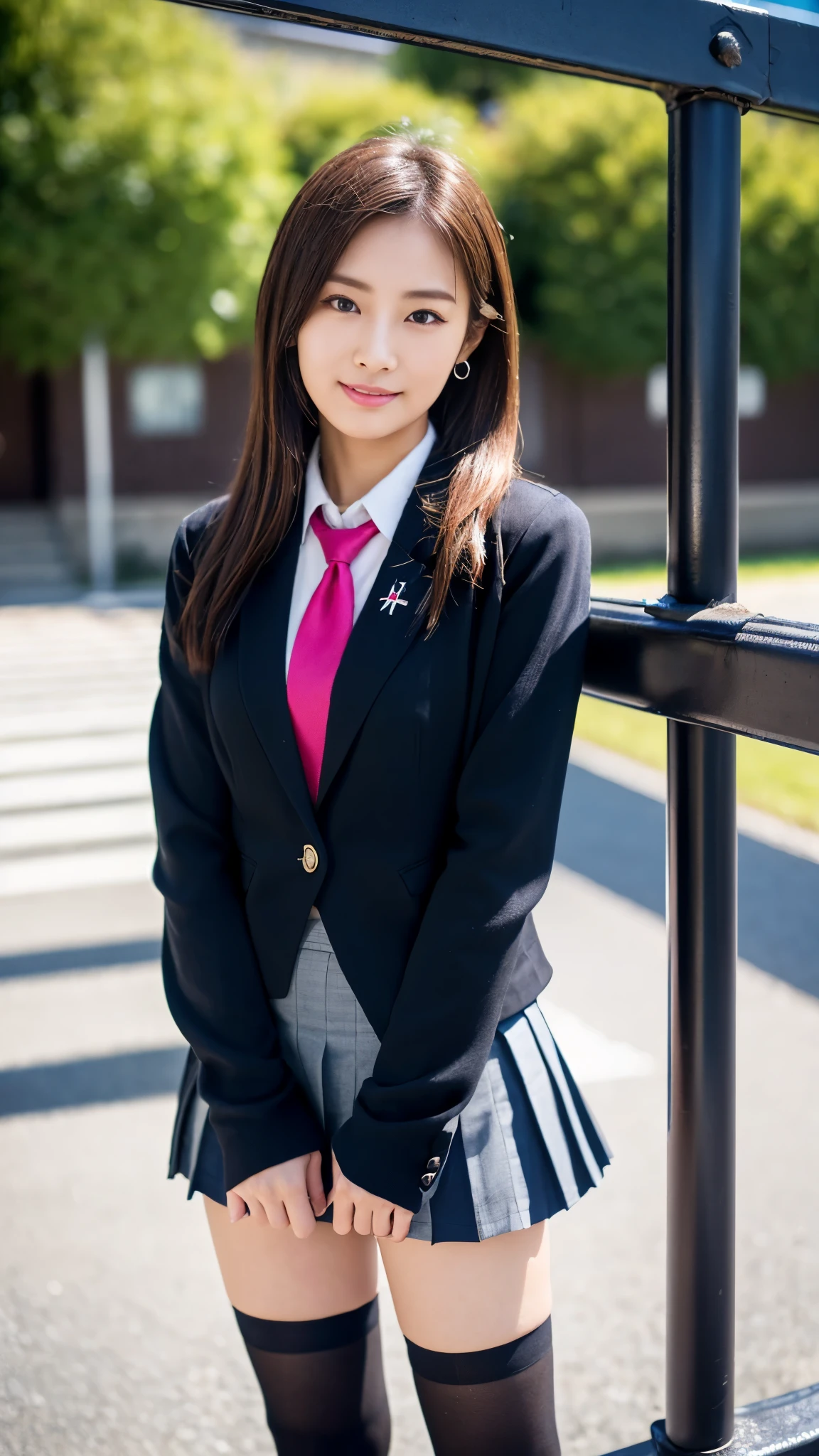 mix 4, (16k, Raw photo, best image quality, masterpiece: 1.45), (realistic, Photoreal: 1.37), tall girl, cute, cityscape,, professional lighting, photon mapping, school classroom, Physically based rendering, dark brown hair,ponytail hairstyle, well-groomed and beautiful eyes、((double eyelid))、super cute girl, (((school uniform、blazer、Long-sleeved shirts worn by Japanese high school girls、ribbon tie、dark blue mini skirt,、dark blue socks、black loafers))), highest quality photos, High resolution, 1080p, (clear face), (Detailed facial description), (detailed description of hands), (masterpiece), (Detailed CG)、extreme light and shadow、messy hair、master work、Rich details、(detailed facial features)、(highest quality photoasseter muscle part)、(detailed eye)、look in front of you、thin clavicle、((slender and big))、(((Japanese female students wear jackets and long-sleeved shirts)))、((neat idol))、((school gate、schoolyard、With the school building in the background))、(Take photos from random viewpoints)、(((cute like an idol)))、earrings、big smile、Draw the whole body from the knees、Do not draw fine lines、(((Sports bags used by Japanese female students)))、(Big big breasts with big drooping:1.2)、big firm butt、two arms、two legs、(((from the front:0.7)))、bare hands、(((symmetrical eyes)))、standing pose、please put your hands on the desk、Do not remove the tie from the jacket、raise your butt:1.5,Raw sex:1.5,