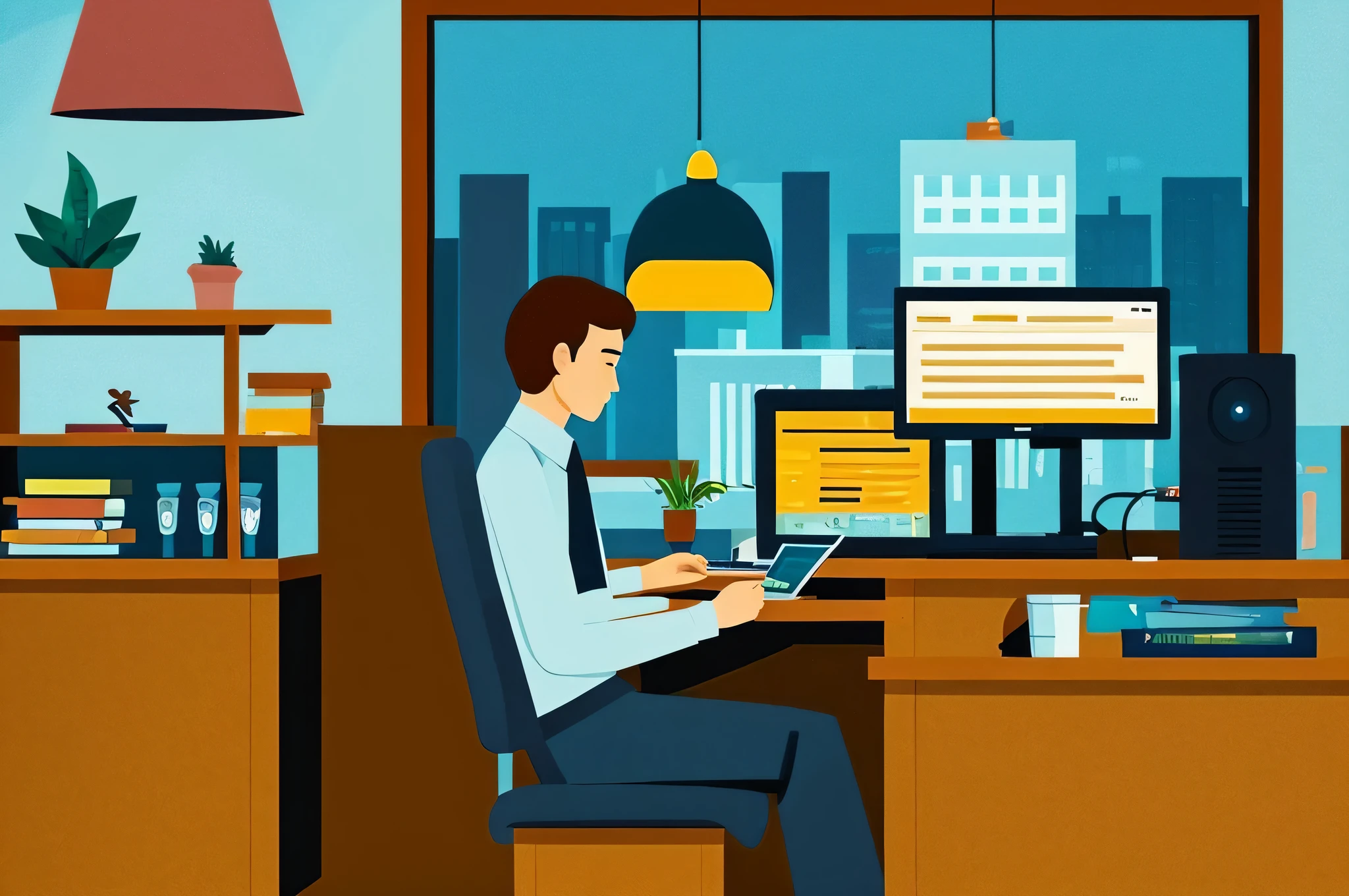 Create an illustration of a businessman sitting at a table or desk and working on a laptop。