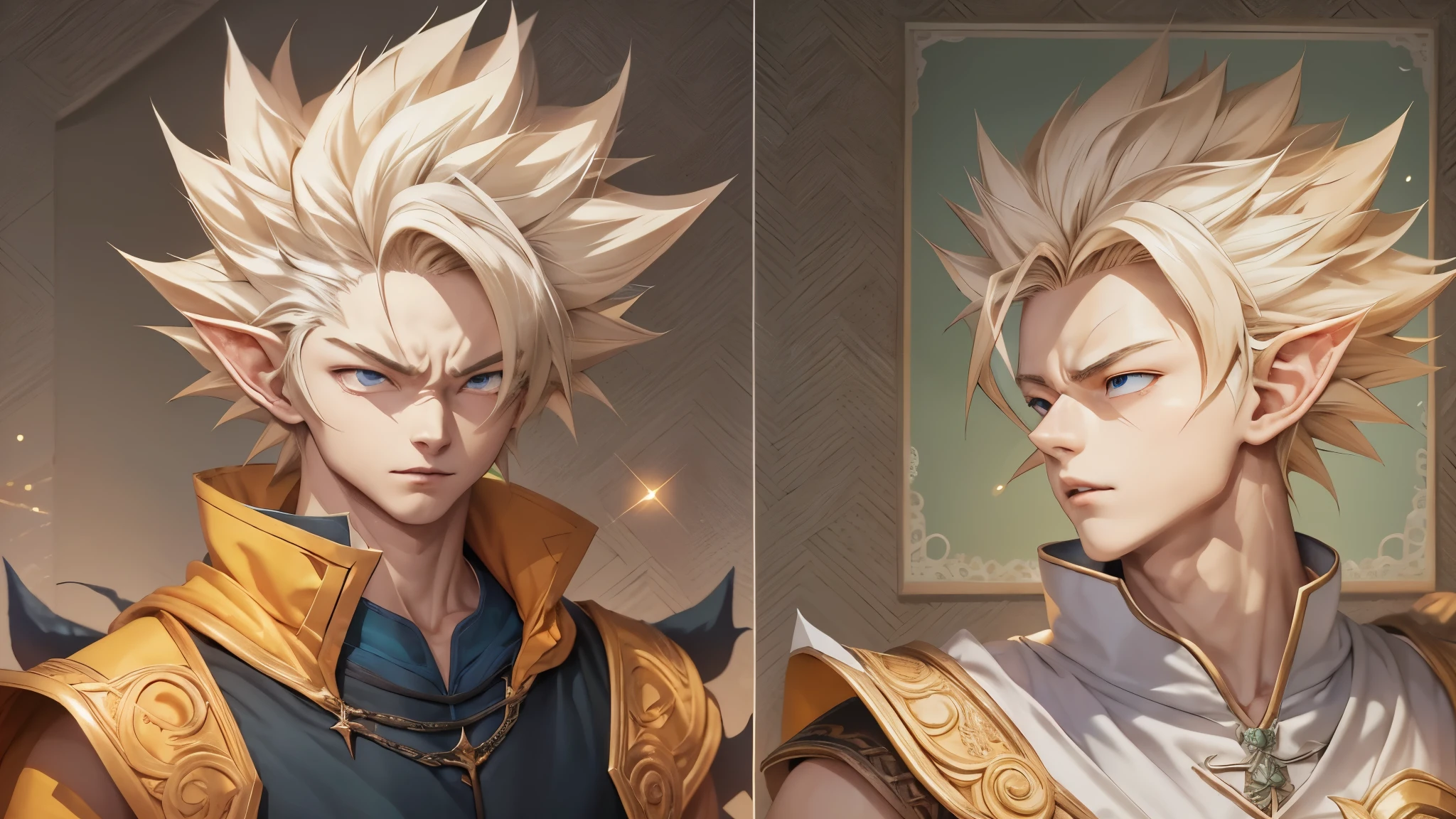 (masterpiece), 8k, best quality, elf boy, naïve, male, teenager, , white skin, thin body, pointed elf ears, beautiful finely detailed silver eyes, high forehead, yellow blonde spiky hair like Gohan from the anime dragon ball (super sayajin), Incredibly handsome, conservative elven clothing, walking, talking,