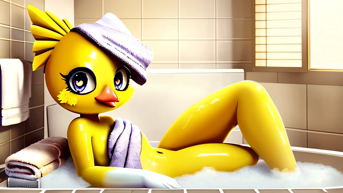 ((masterpiece)), ((highest quality)), 1 girl, anime style illustration, A calm atmosphere with a beautiful girl relaxing in the Japanese-style bathroom at home, ((beautiful eyes)), naked body, The water is opaque because of the bath salts., ((A yellow toy chick is floating on the water surface)), she has a towel wrapped around her head.