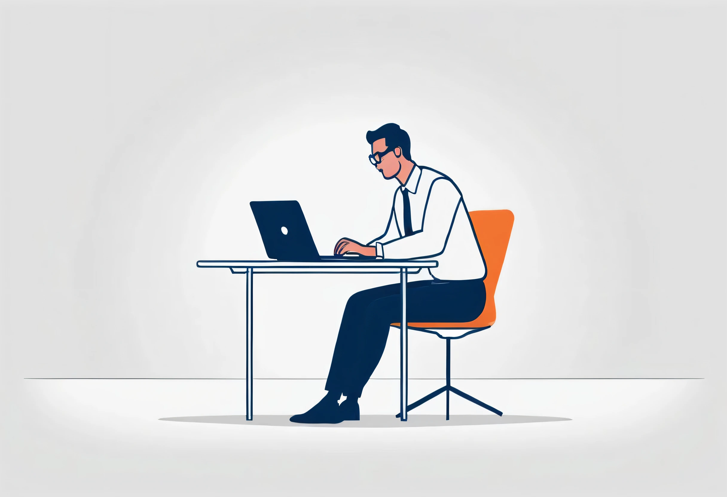 Create an illustration of a businessman sitting at a table or desk and working on a laptop。