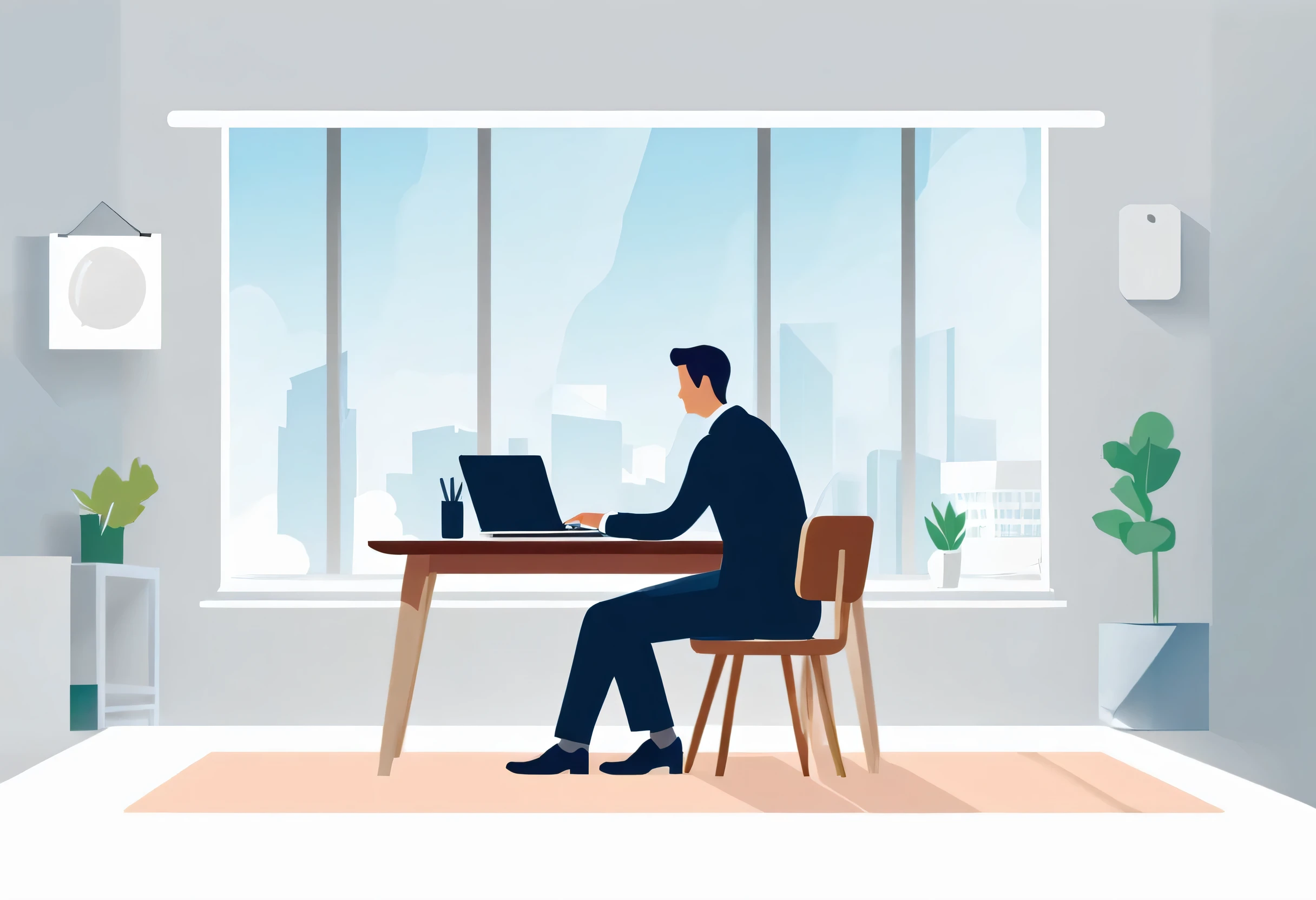 Create an illustration of a businessman sitting at a table or desk and working on a laptop。