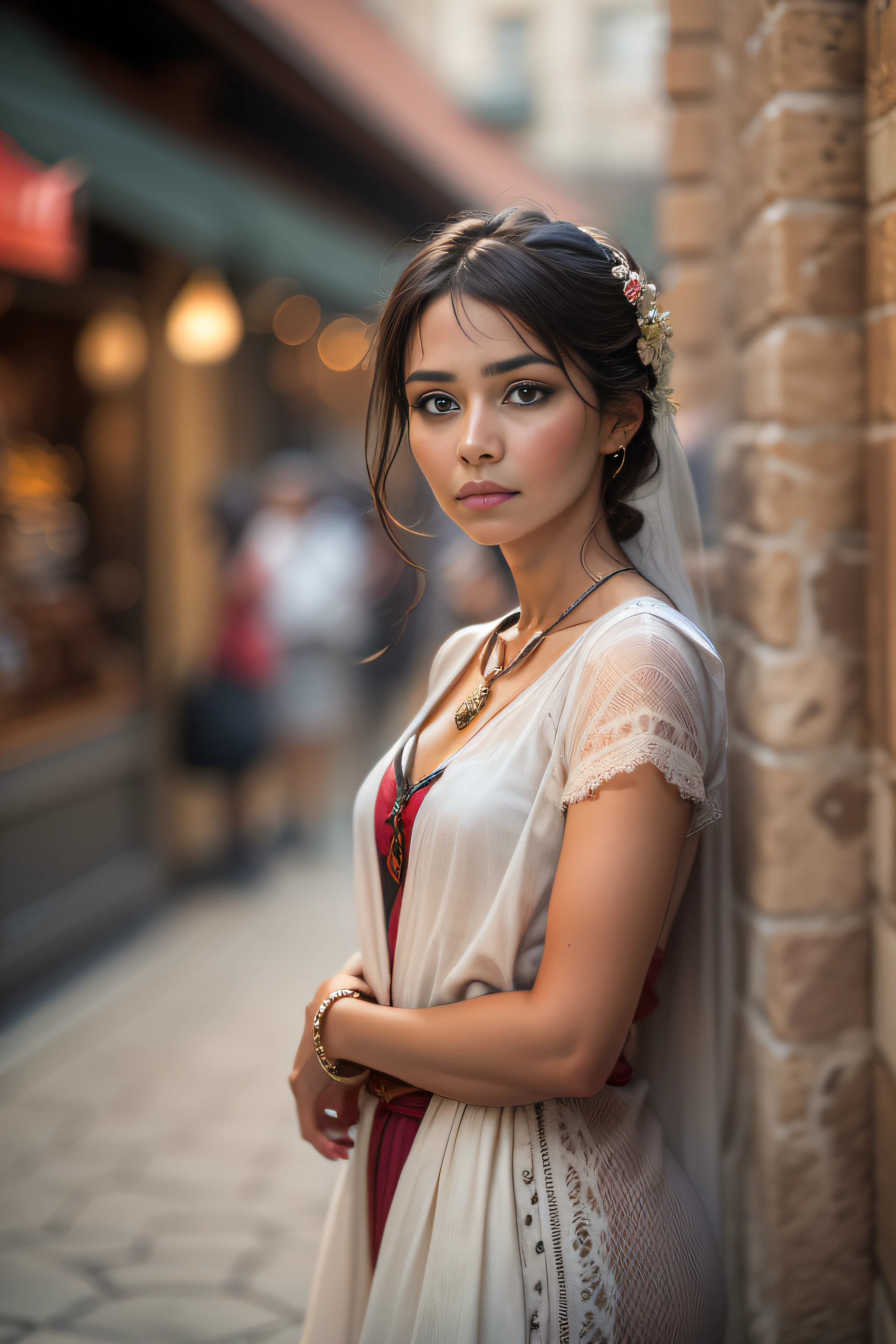 A beautiful woman,orientalisch wirkende frau,orientalisch gekleidet,Beautiful woman in the foreground,stadt weit im hintergrund,Beautiful woman looks at the camera,vor schwarzem hintergrund,blur