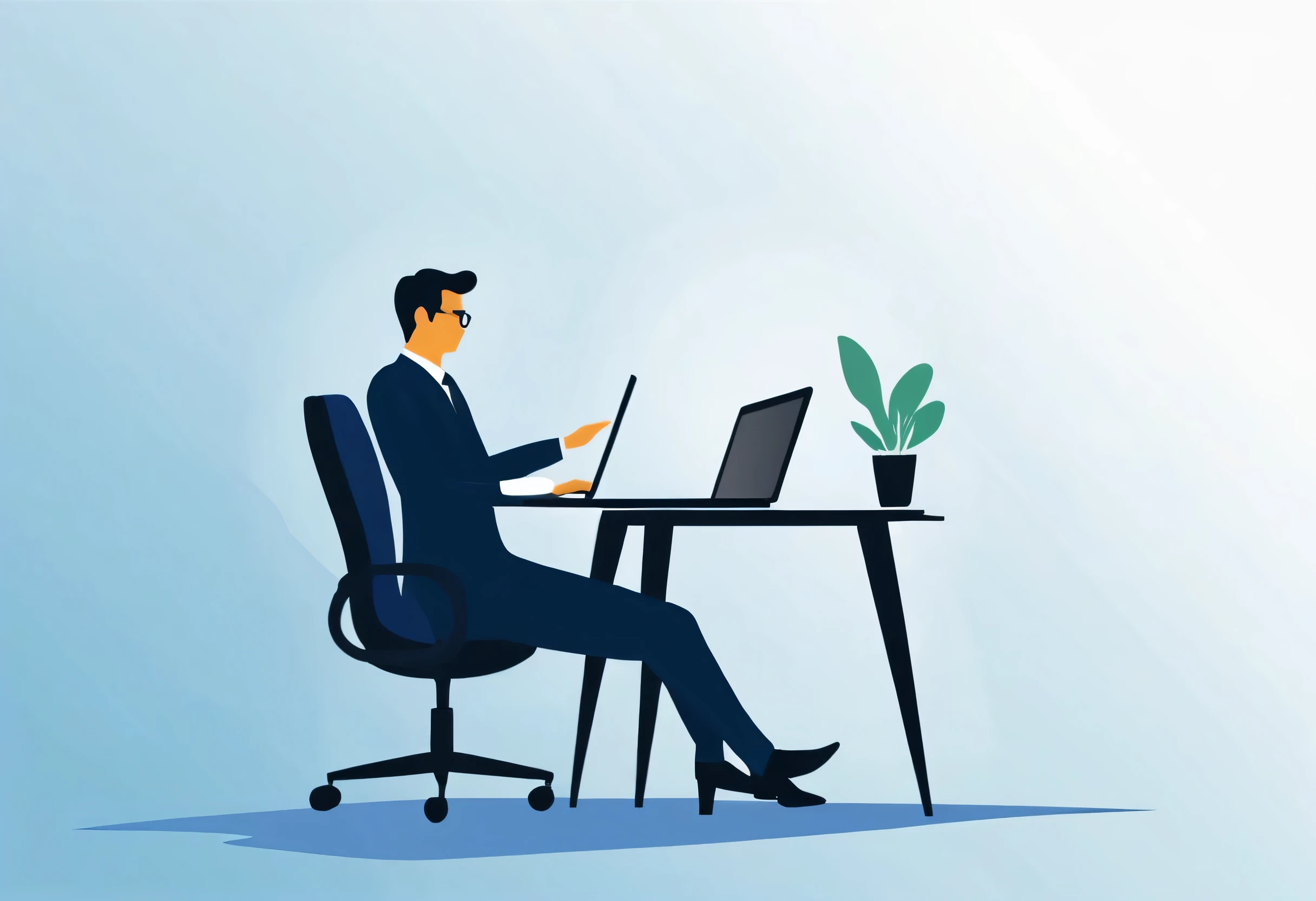 Create an illustration of a businessman sitting at a table or desk and working on a laptop。