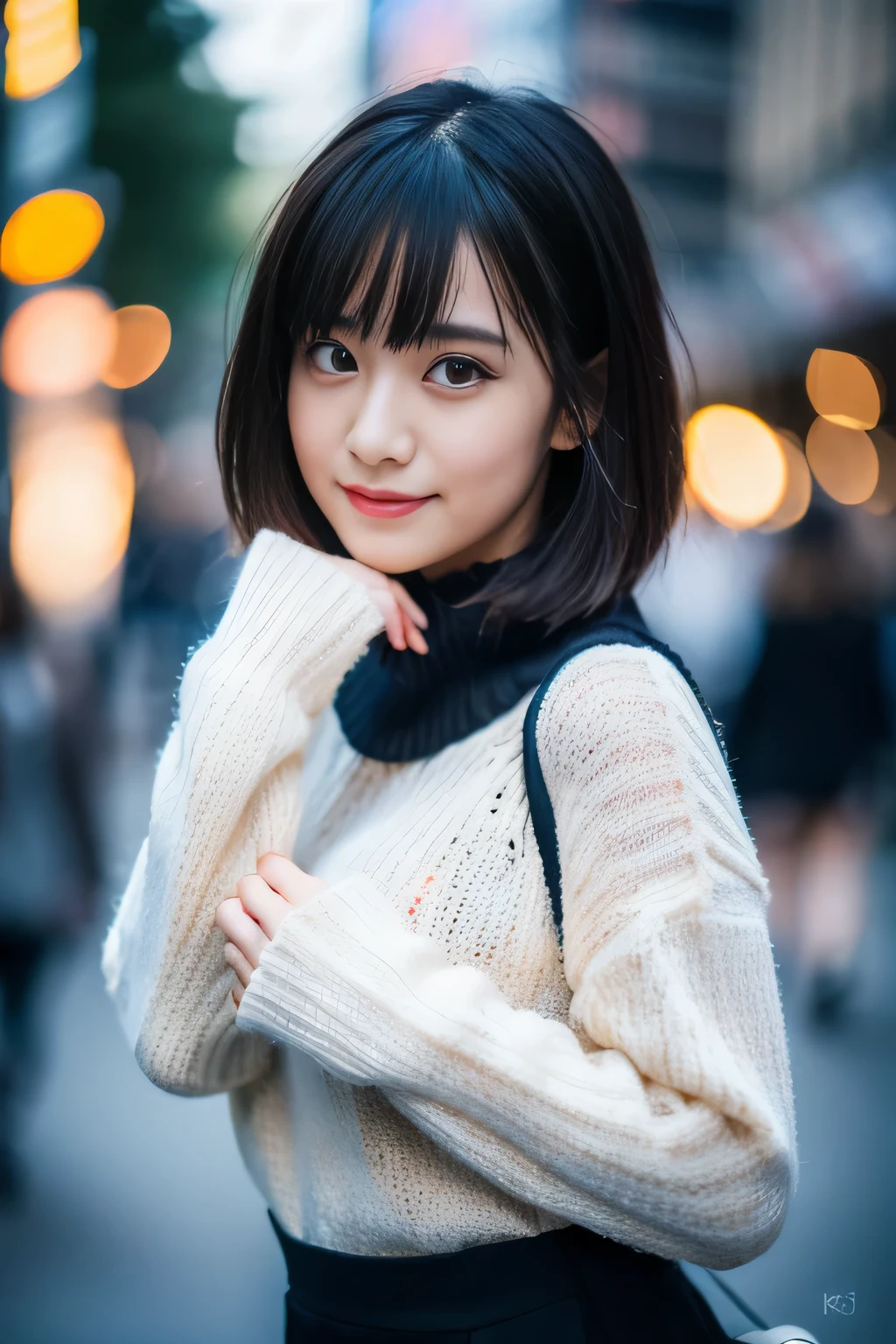 (8K, Raw photo, highest quality, masterpiece:1.2), (realistic, photo-realistic:1.4), (extremely detailed 8K wallpaper),sharp focus, Depth of the bounds written,blur background, Bokeh,professional lighting, cinematic lighting,face focus,thin,japanese girl,20 year old girl,dynamic pose,street,bob cut,wet hair,black hair,sweater,skirt,Hilarious,