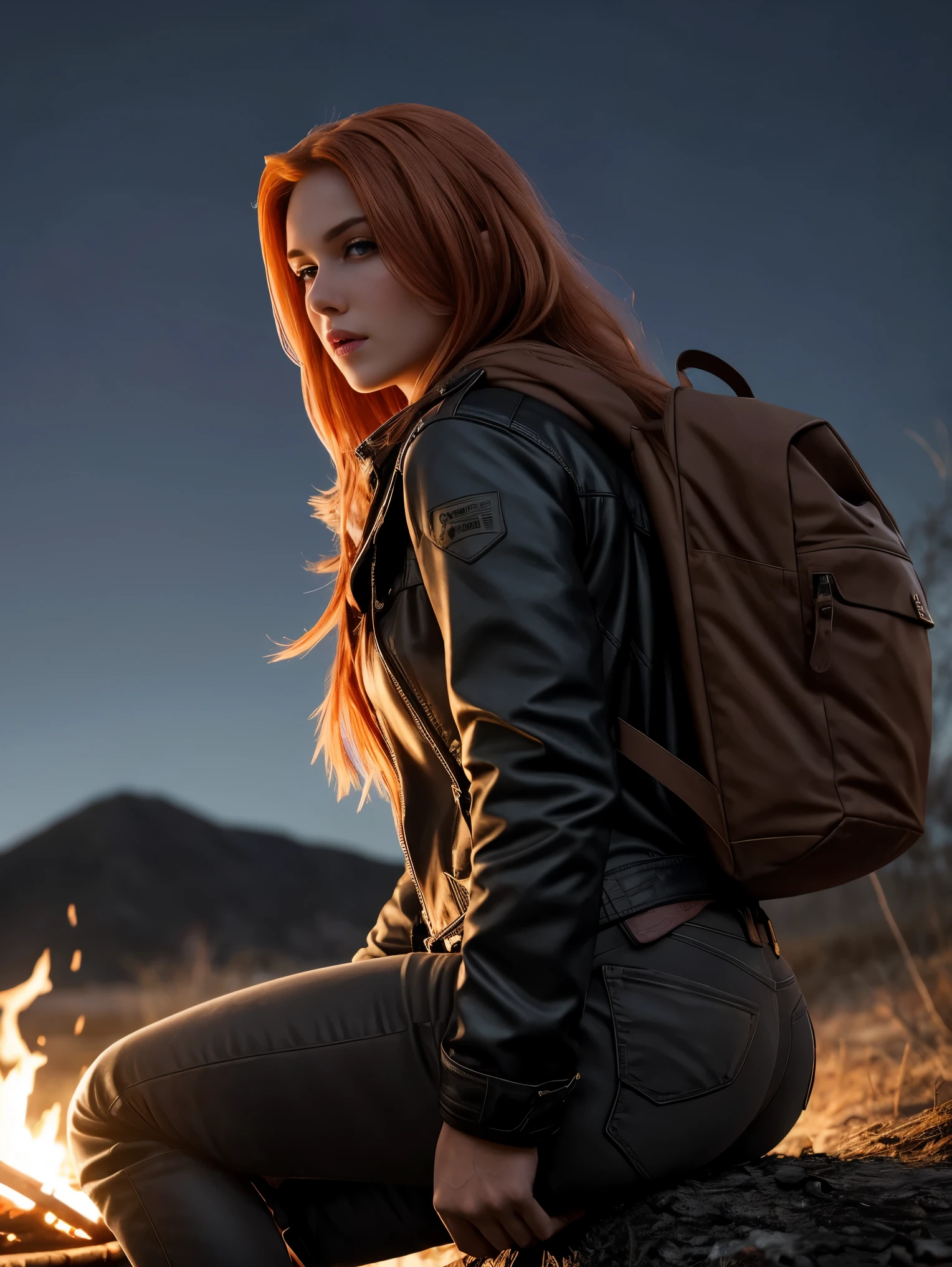 An ultra hot gorgeous European Scottish woman, age 23. She’s a playmate and men magazine supermodel. Long wavy ginger hair, messy wind blown hair, Full body, sitting by a campfire, wearing brown leather coat, dark blue jeans, (extremely detailed 8k wallpaper), mood lighting, high quality, film grain, Fujifilm XT3 sharp focus, f 5.6, 50mm, High Detail, Sharp focus,(dark light), mood lighting, nighttime, (seductive), movie scene, backlight. She’s a bounty hunter, tracking someone. A long wood stick in her left hand to protect her from bad guys. Backpack full a stuff for survival.