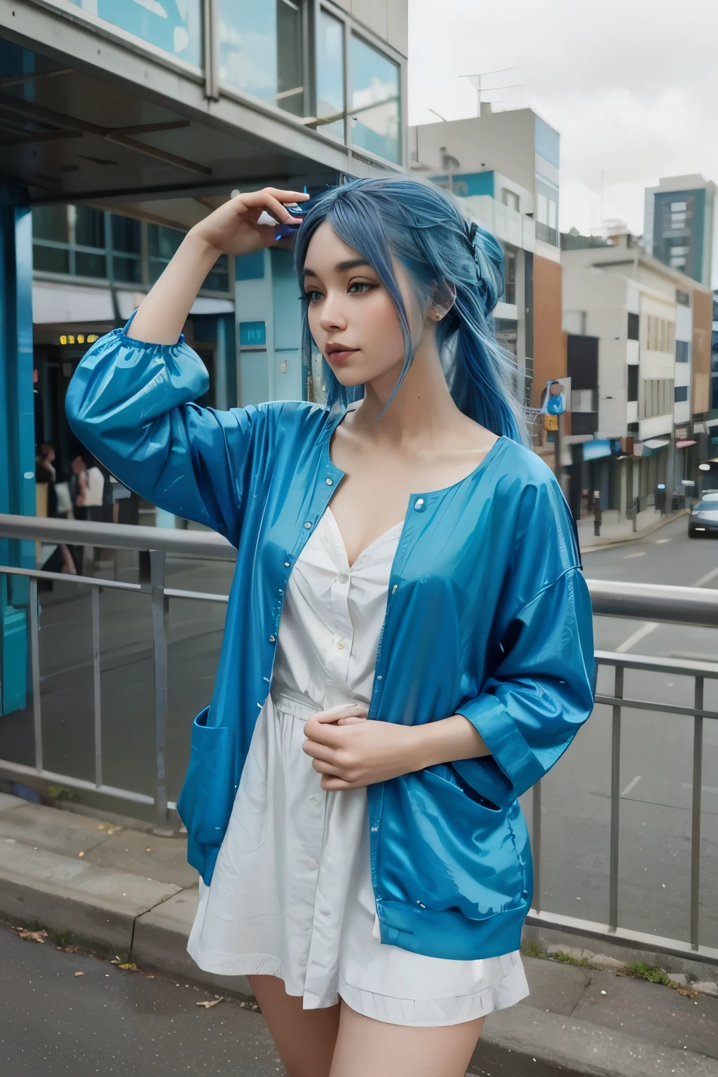 Blue-haired Dreamer: Drift into a world of fantasy with our blue-haired dreamer, her serene pose exuding tranquility and grace as she showcases her unique style in a fashionable ensemble against the urban landscape.