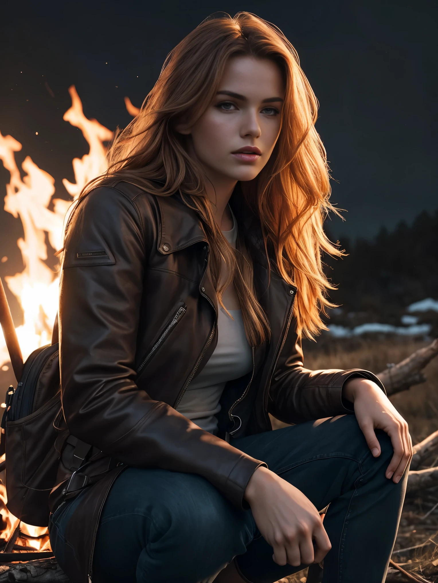 An ultra hot gorgeous European Scottish woman, age 23. She’s a playmate and men magazine supermodel. Long wavy ginger hair, messy wind blown hair, Full body, sitting by a campfire, wearing brown leather coat, dark blue jeans, (extremely detailed 8k wallpaper), mood lighting, high quality, film grain, Fujifilm XT3 sharp focus, f 5.6, 50mm, High Detail, Sharp focus,(dark light), mood lighting, nighttime, (seductive), movie scene, backlight. She’s a bounty hunter, tracking someone. A long wood stick in her left hand to protect her from bad guys. Backpack full a stuff for survival.