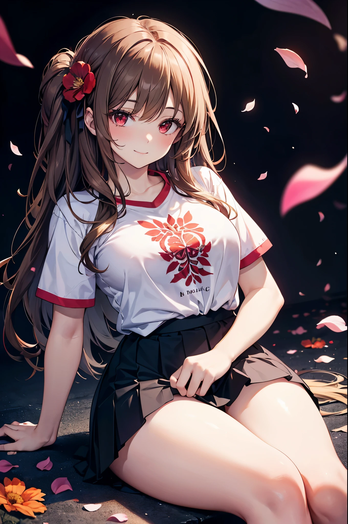 realistic image, coherent image, detailed image, 1 beautiful girl. She has long brown hair, tied up with a comb in the shape of a red flower. Red eyes, long eyelashes. Her face is oval and delicate. smiling. She wears a traditional t-shirt, a pleated mini skirt with lace, and long stockings that cover her legs. She has a curvy body, medium breasts and thick thighs. sitting showing her thighs. surrounded by clothing fabrics, flower petals falling around her. black background, uniform background