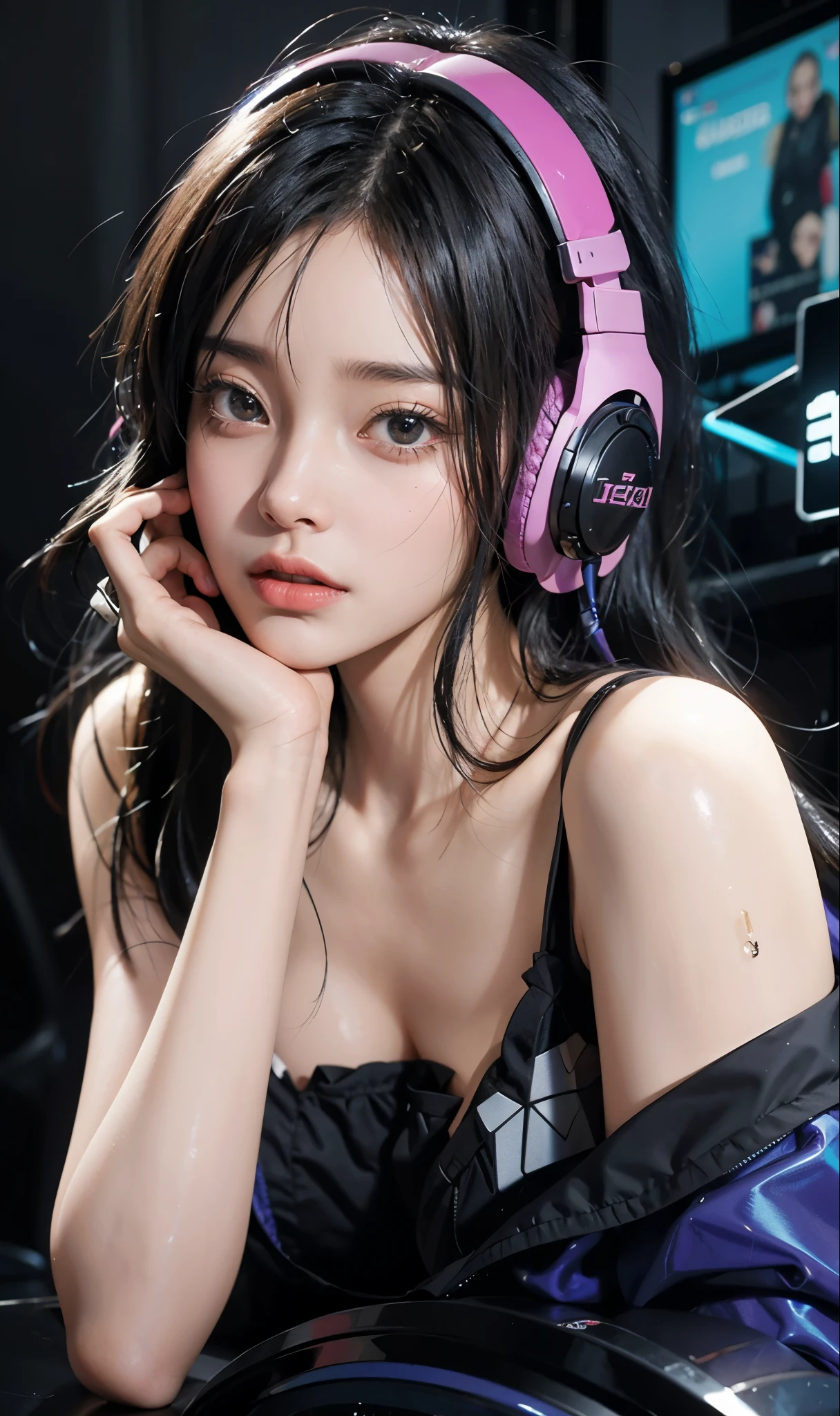 highest quality、masterpiece、Ultra-high resolution、(Photorealistic:1.4)、RAW Photos、(A girl tied to a machine)、13 years、Shiny platinum hair、Embarrassed look、Glowing Skin、((Ultra-Realistic Details))、Portraiture、Global Illumination、Shadow、Octane Rendering、8k、Ultra Sharp、Big Breasts、Cleavage、(Exposed bare skin underbust:1.4)、(Transparent latex micro bikini without strings:1.4)、Upper arm chain、Very intricate detail、Realistic Light、Trends of the CG Association、Purple eyes、Shining Eyes、To the camera、Neon Details、Sit on、Futuristic hair accessories、Gundam、Small LED Lamp、Purple neon lighting、Green neon lighting、, Showing your underarm hair, hard nipples erect:1.4, nipples pointing up:1.4, headset, Full body angle,