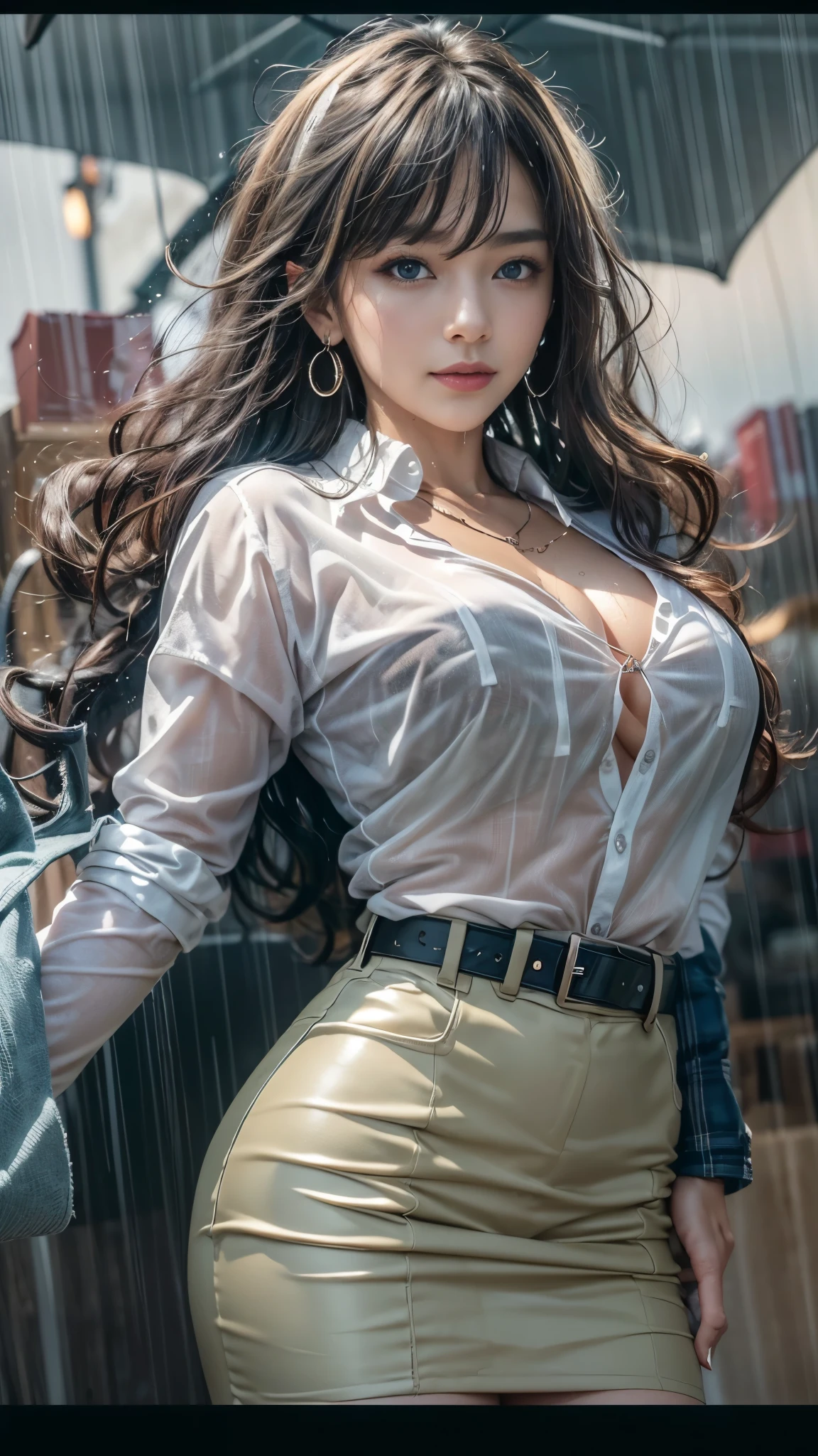 (RAW shooting, Photoreal:1.5, 8K, highest quality, masterpiece, ultra high resolution), perfect dynamic composition:1.2, Night street corner of a modern city, look up at the sky:1.3, (((Typhoon heavy rain))), Highly detailed skin and facial textures:1.2, Slim office lady wet in the rain:1.3, sexy beauty:1.1, perfect style:1.2, beautiful and aesthetic:1.1, Fair skin, very beautiful face, water droplets on the skin, (rain drips all over my body:1.2, wet body, wet hair:1.4, wet office skirt:1.2, wet office lady uniform:1.3), belt, (Medium chest, bra is see-through, Chest gap), (look of resignation, embarrassing smile, The expression on your face when you feel intense caress, Facial expression when feeling pleasure), (beautiful blue eyes, Eyes that feel beautiful eros:0.8), (Too erotic:0.9, Bewitching:0.9), cowboy shot, Shoulder bag, necklace, earrings, bracelet, clock