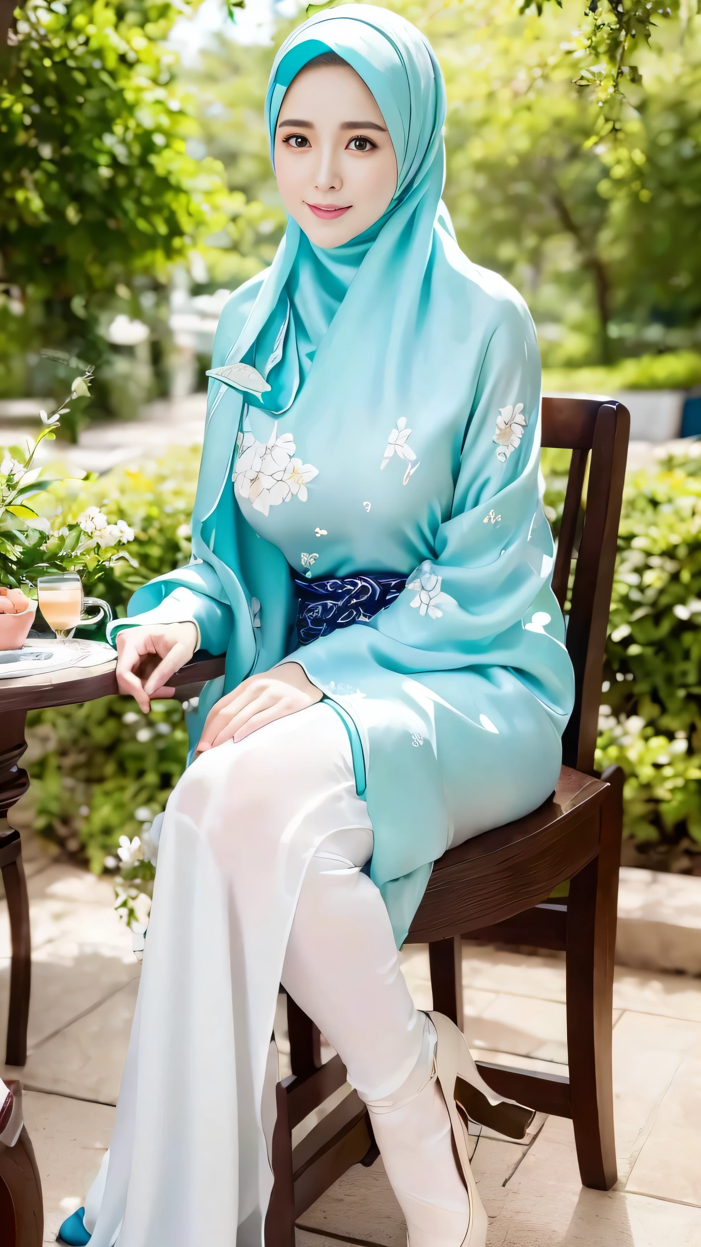((Marian rivera)), (8K, best quality:1.2), ((sitting on chair at cafe)), beautiful Smile, seduced smile, White skin, shiny skin, (( breast:1.5)), (masterpiece:1.37), (photo, photorealistic:1.37), (ultrahigh-res),Full Body, view from back, slow motion, (insanely detailed, bloom:1.5), (highest quality, Alessandro Casagrande, Greg Rutkowski, Sally Mann, concept art, 4k), (analog:1.2), (high sharpness), (detailed pupils:1.1), detailed face and eyes, Masterpiece, best quality, (highly detailed photo:1.1), photographed by Canon EOS R6, 135mm, 1/1250s, f/2.8, ISO 400, Realistic, 8k, ((masterpiece)), looking at the viewer, (detailed), detailed face, white skin, Glowing Skin, bright room, ((Wearing tight Silk floral long hanbok with closed hijab)), at cafe, cross legs, high heels