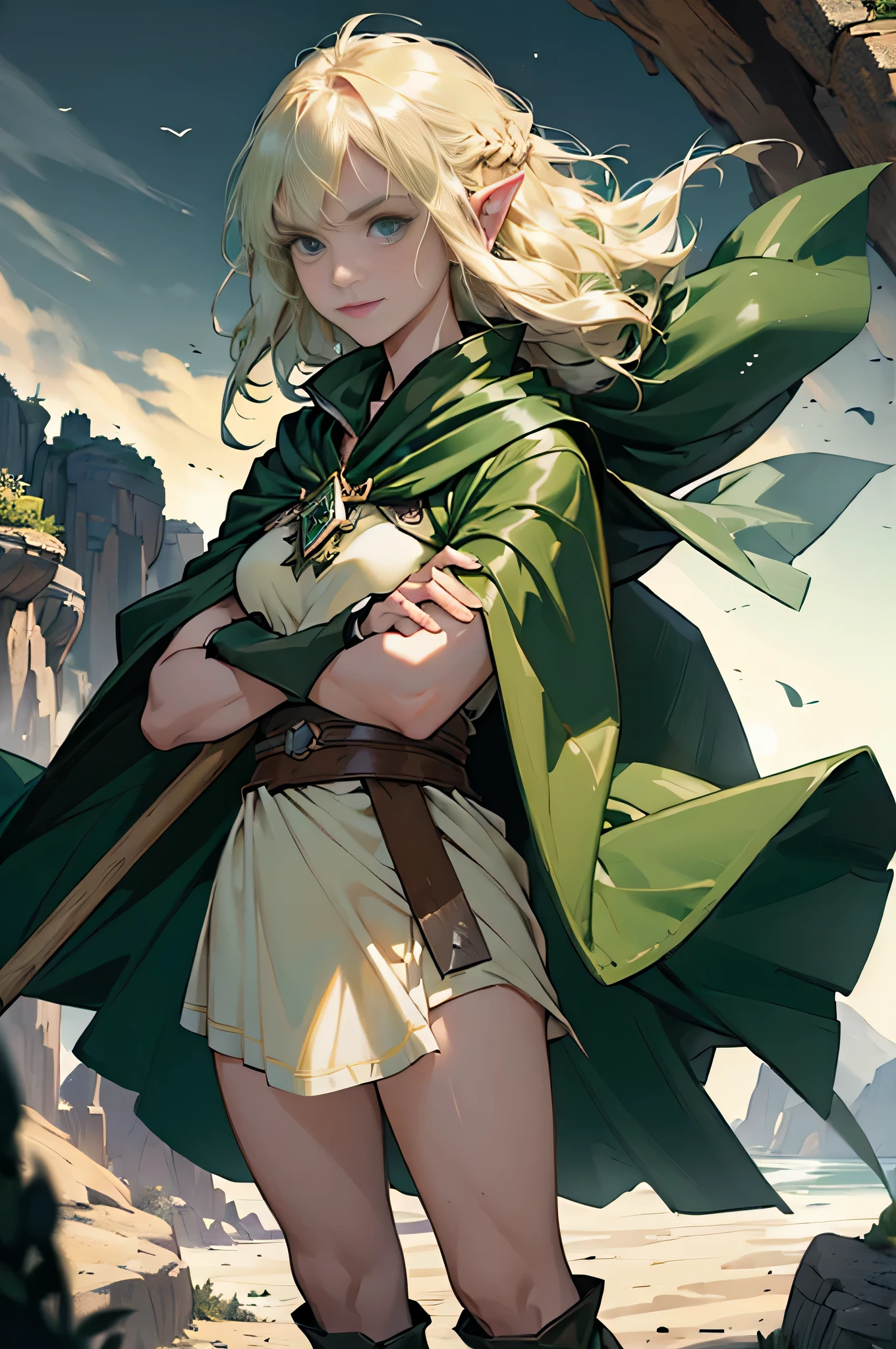 (((((girl))))), masterpiece, super detailed, 8K portrait, Raw photo, female portrait photography, full body, smiling face, ((fantasy)), (((hobbit))), ((adult)), 45 years old, 110cm, (((cave explorer))), ((white skin)), greenish blonde long wavy hair, twin tails, Helmet, (((long dark green silk cloak))) fluttering in the wind, (((Explorer Costume))), (((equip a pickaxe))), crossed arms, midday sun, surreal, slender body, Near the fog castle, environmental lighting, shadow details , focus the camera on the face, strong wind, light fog