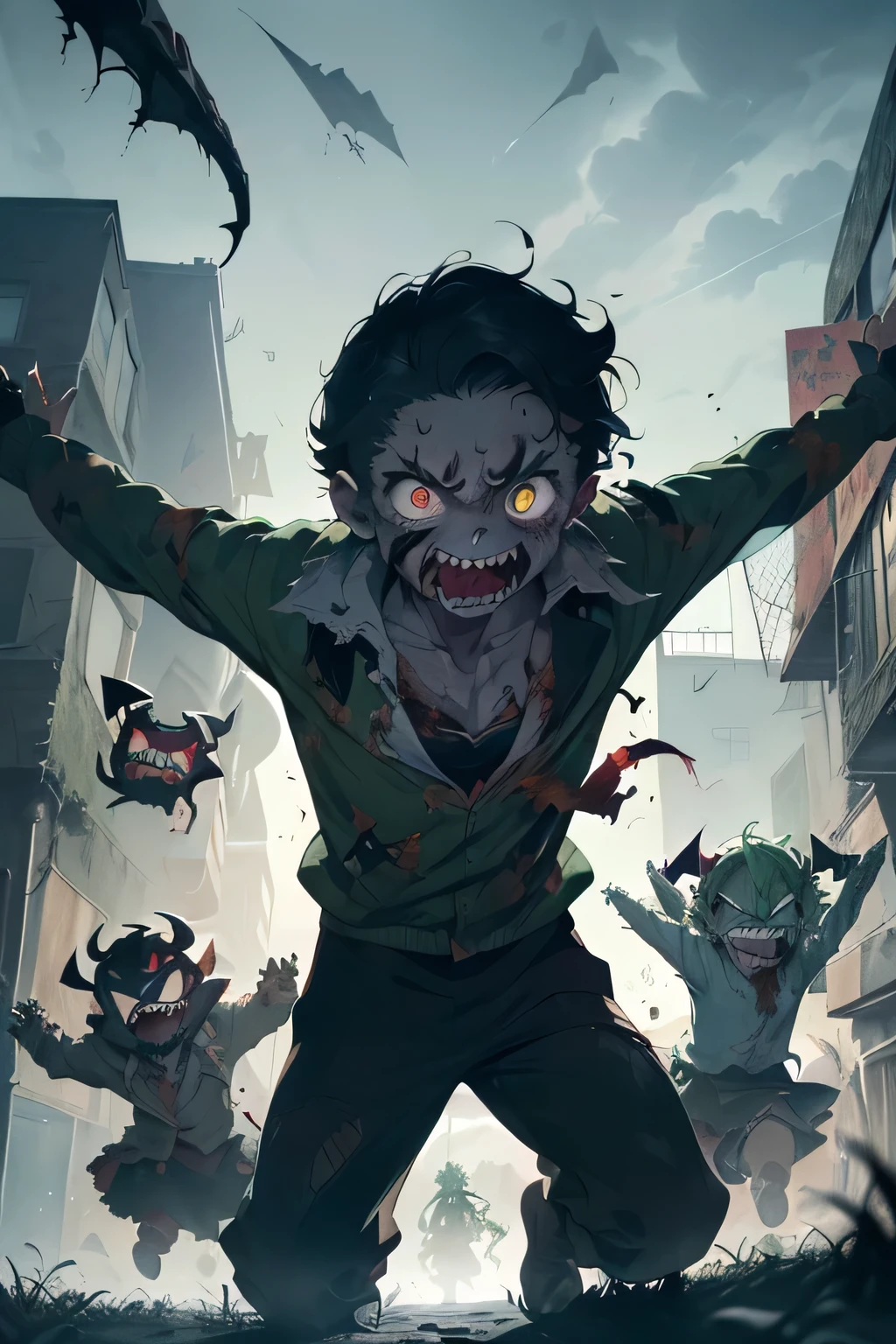((Three weird little devils, Sallow complexion and thin skin, irregular, Cruelly tilting a junior high school boy, Leaving behind a scene of chaos and destruction. Every demon's eyes sparkle with malevolent intent, Their grotesque shapes contrast sharply with the serene backdrop of a peaceful park. Boy collapsed on the grass, A look of fear froze on his face, clothes in tatters,limbs crooked. The devil cackles evilly, their long, The crusted tongue happily licked his own ribs,Revel in terrible victory. Disgusting green slime oozes from their twisted shapes, Cast a strange light