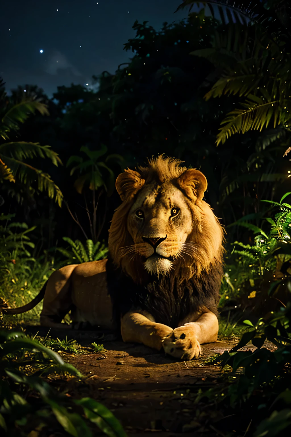lion in a beautiful jungle night time