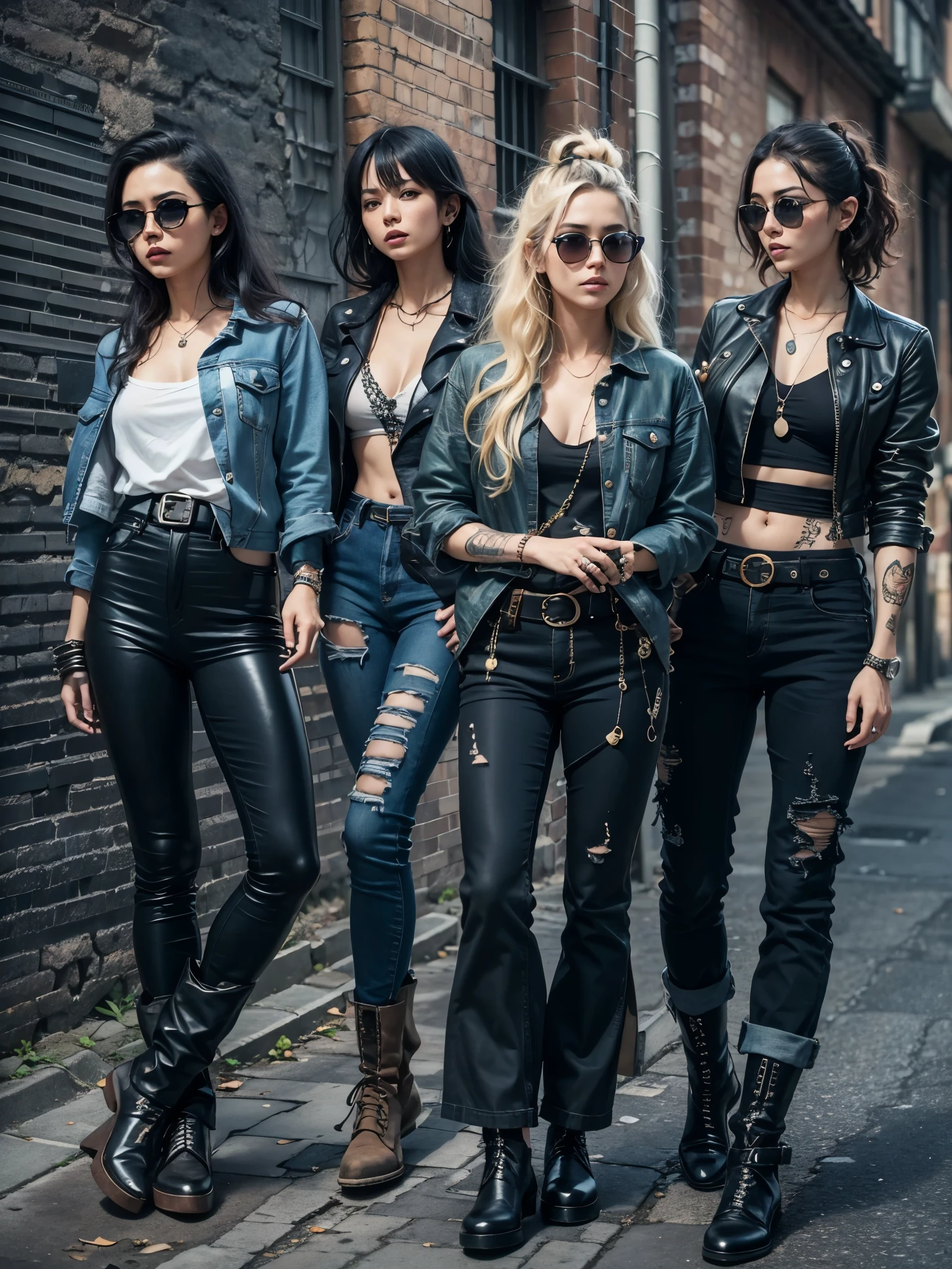80s woman metal band, sunglasses, rivets, pants, belts, chains, guitars.