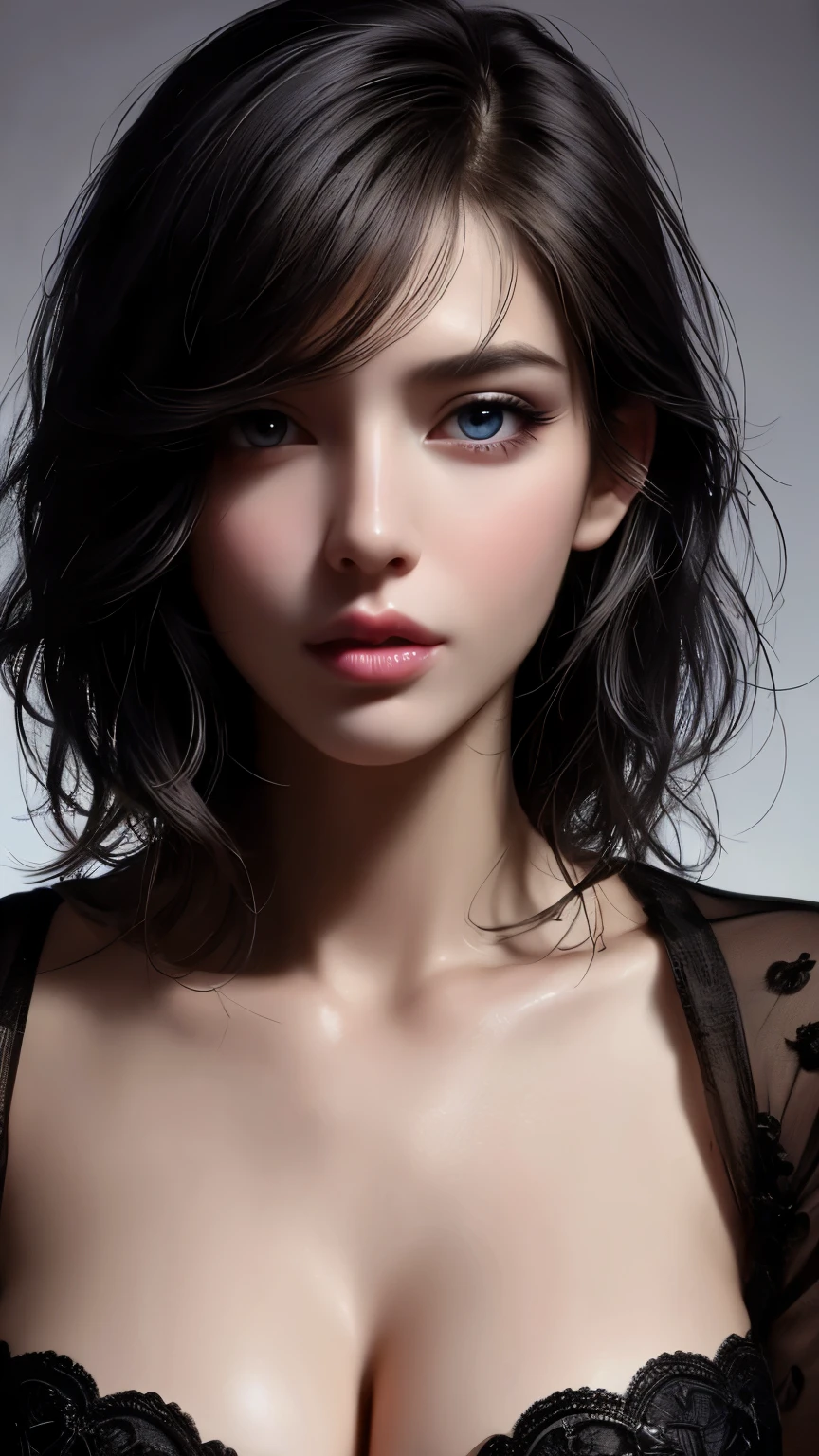 masterpiece, best quality, ultra-detailed, facing the camera head on, intricately detailed hyperdetailed, realistic, sharp features, highly detailed, sharp focus, perfect face, perfect face, perfect symmetrically perfect eyes, perfect full lips, flexible female form, cinematic, film light, hyper detailed, hyper realistic, masterpiece, atmospheric, high resolution, vibrant, dynamic studio lighting, nsfw, ((Dark background)), Sexy face, Facial expressions when receiving pleasure, open mouse, straight Bangs, Big breasts, Exposed cleavage, blue Eyes,black sweater,